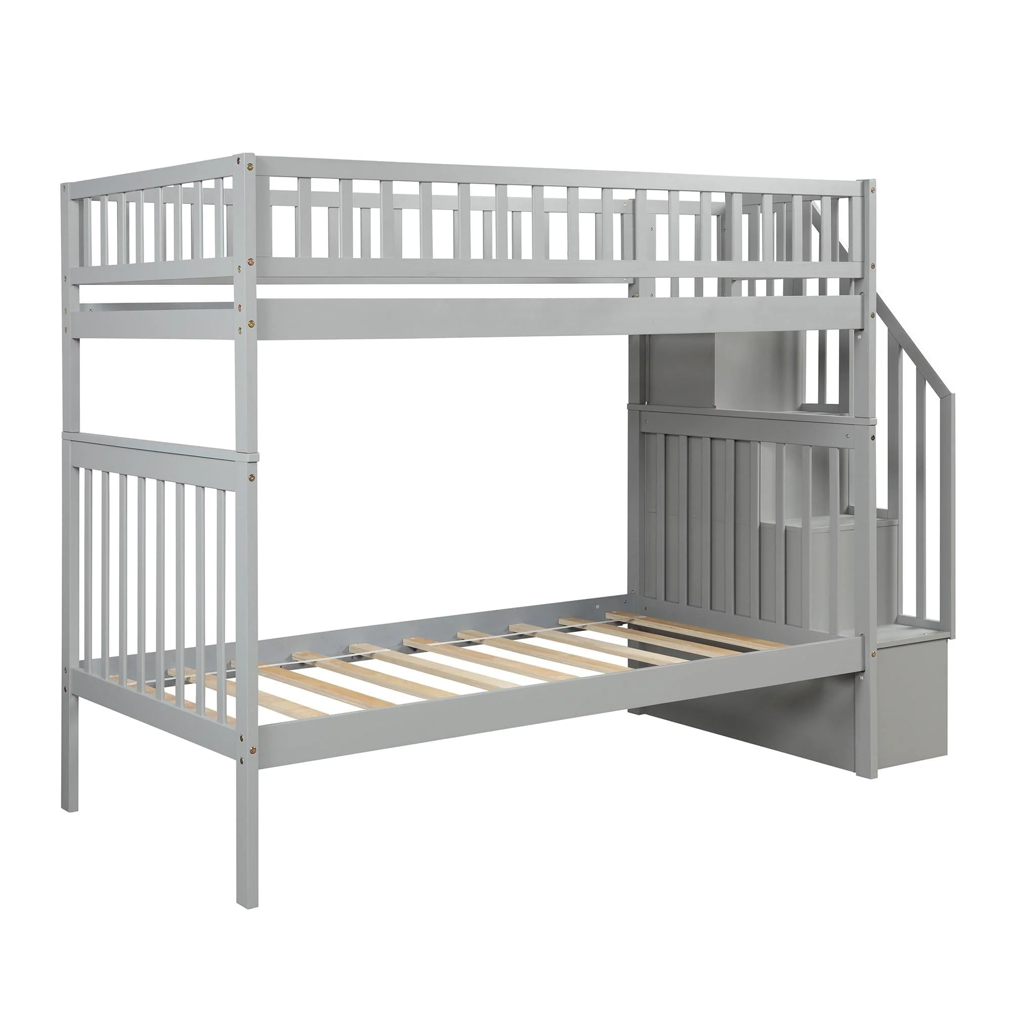 Bunk Bed, Twin Over Twin Wood Bunk Beds with Trundle and Storage, Converted to 2 Twin Beds Frame with Ladder and Stairs for Kids Adults, Saving Space, Gray