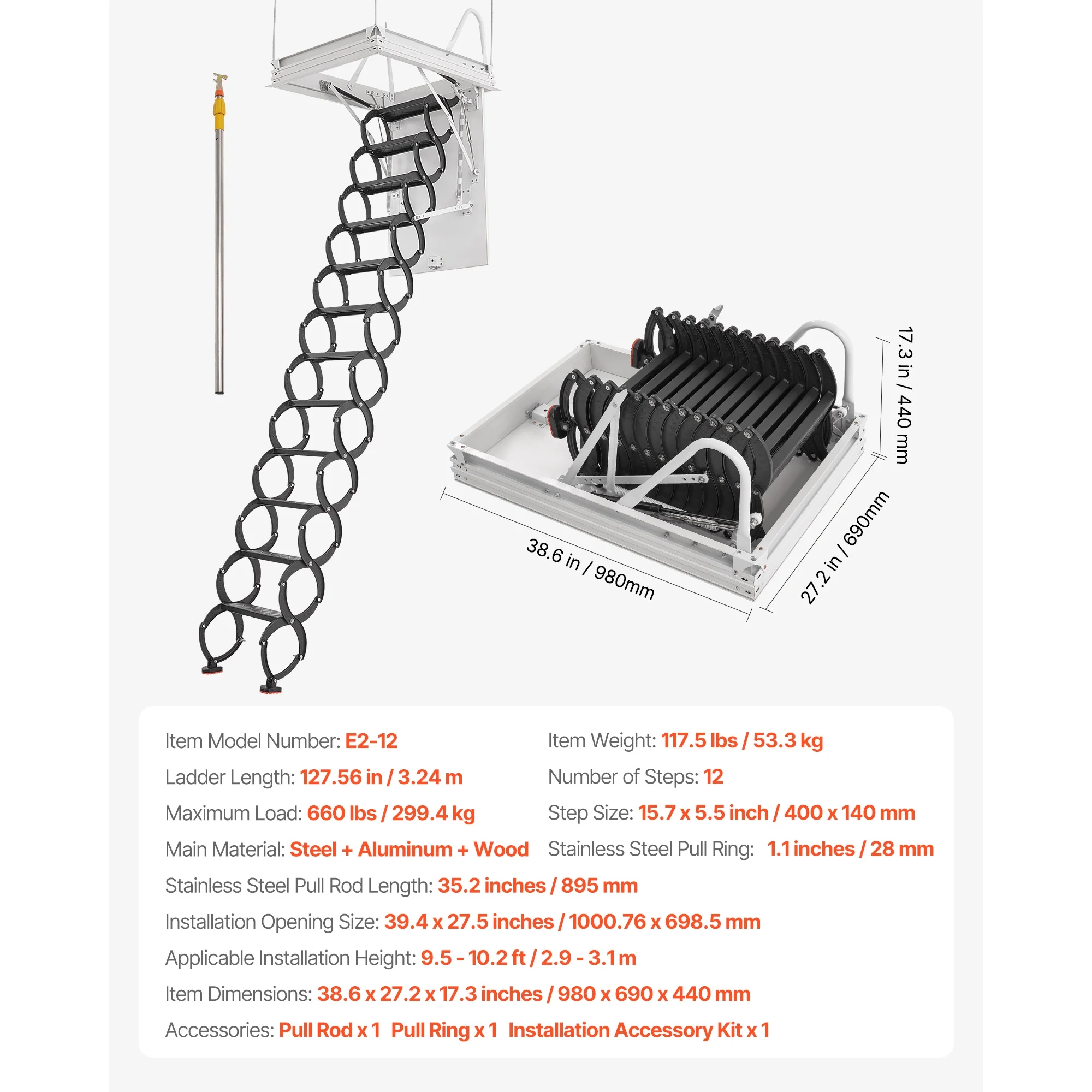 KFFKFF Retractable Attic Ladder, 660 lbs Capacity, Compatible with 9.5-10.2 ft Ceiling Heights and 39.4 x 27.5 inch Openings, Alloy Steel Pull-Down Ceiling Stair with Pulling Rod for Loft Access