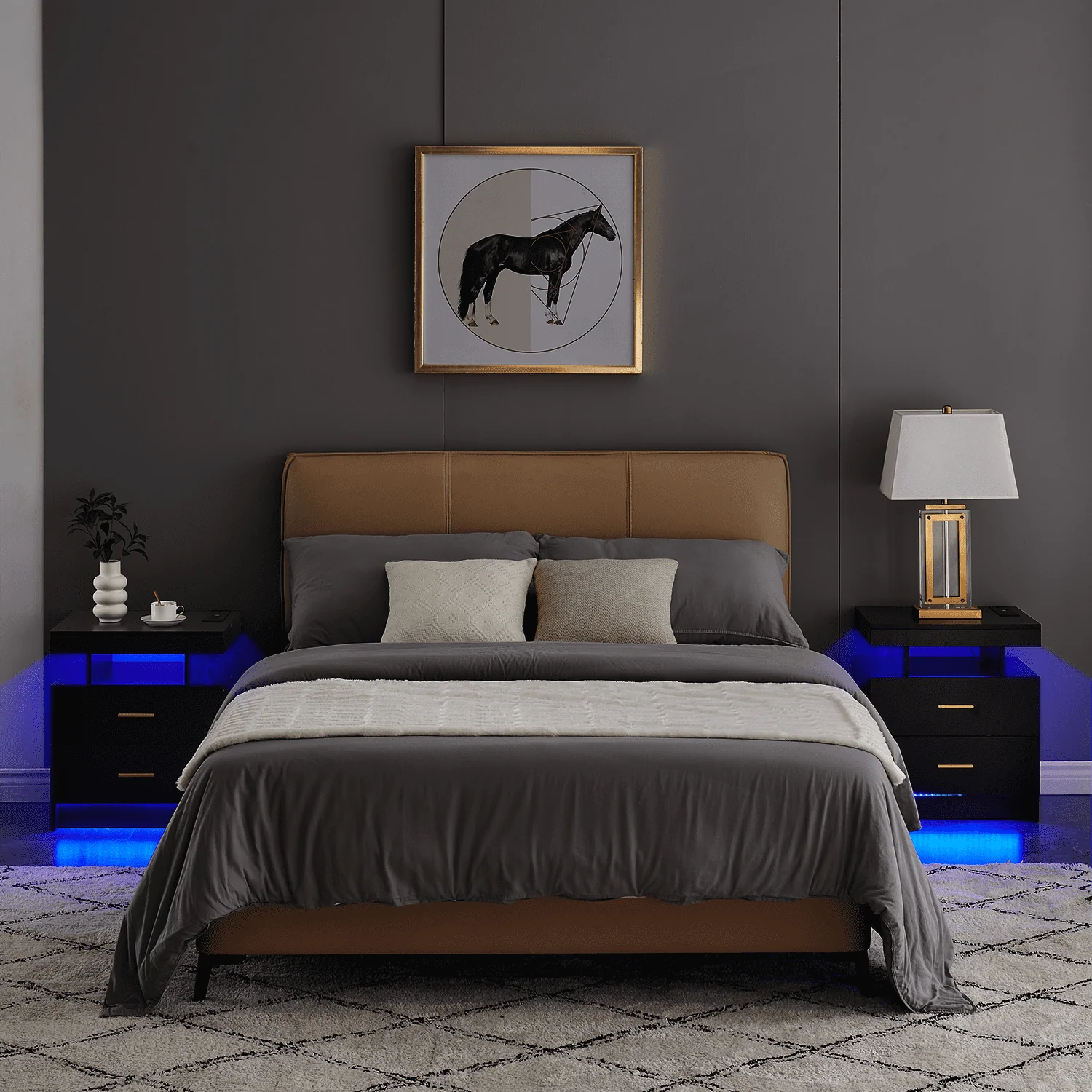 LED Nightstand, 2 Drawers Bedside Tables with Wireless Charging Station 2 Outlets and 2 USB Ports,Bedroom Nightstand with RGB 30 LED Light Mode App and Remote Control,Black
