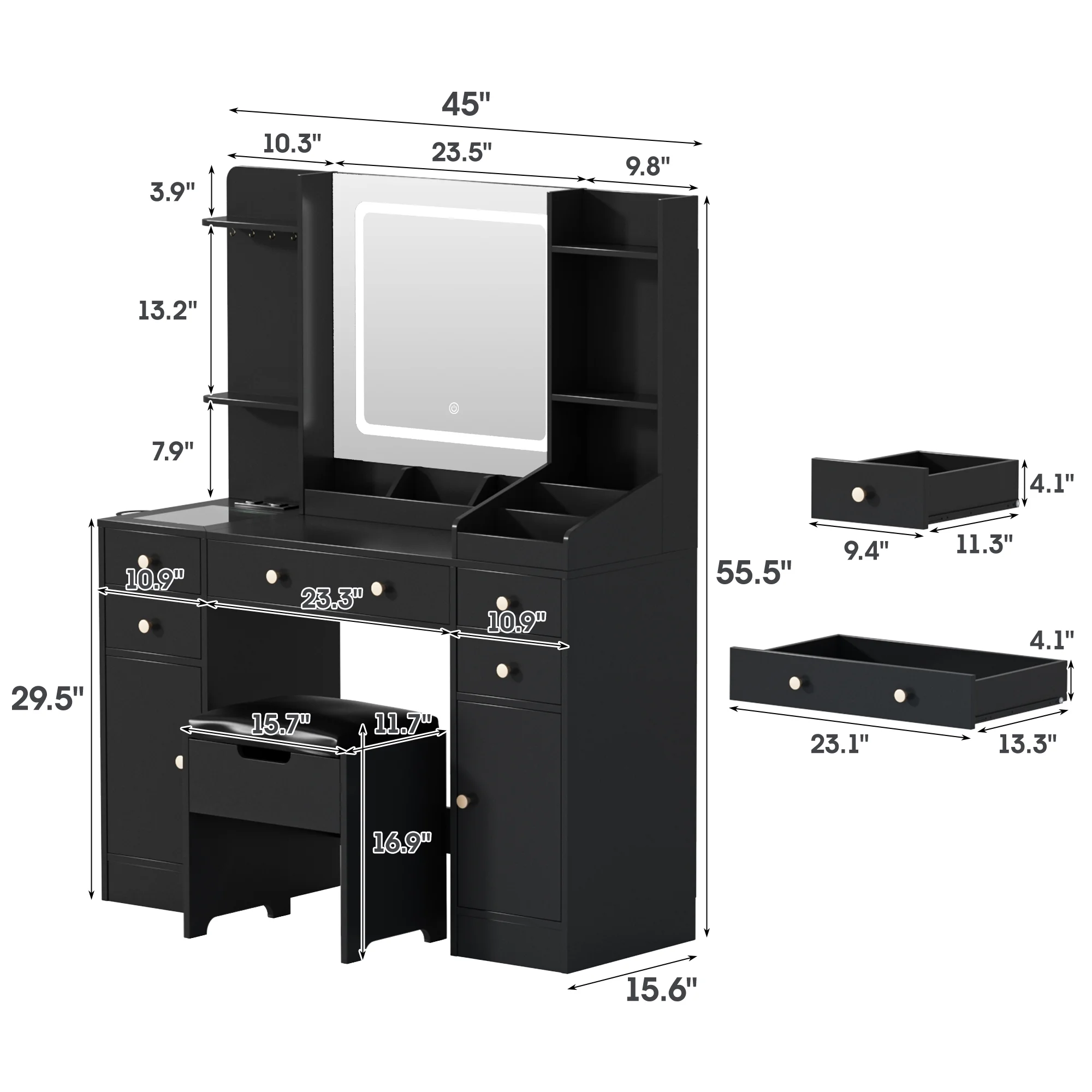 Vanity Set with Mirror and Lights, Makeup Table with Charging Station,5 Drawers & Storage Shelves, White