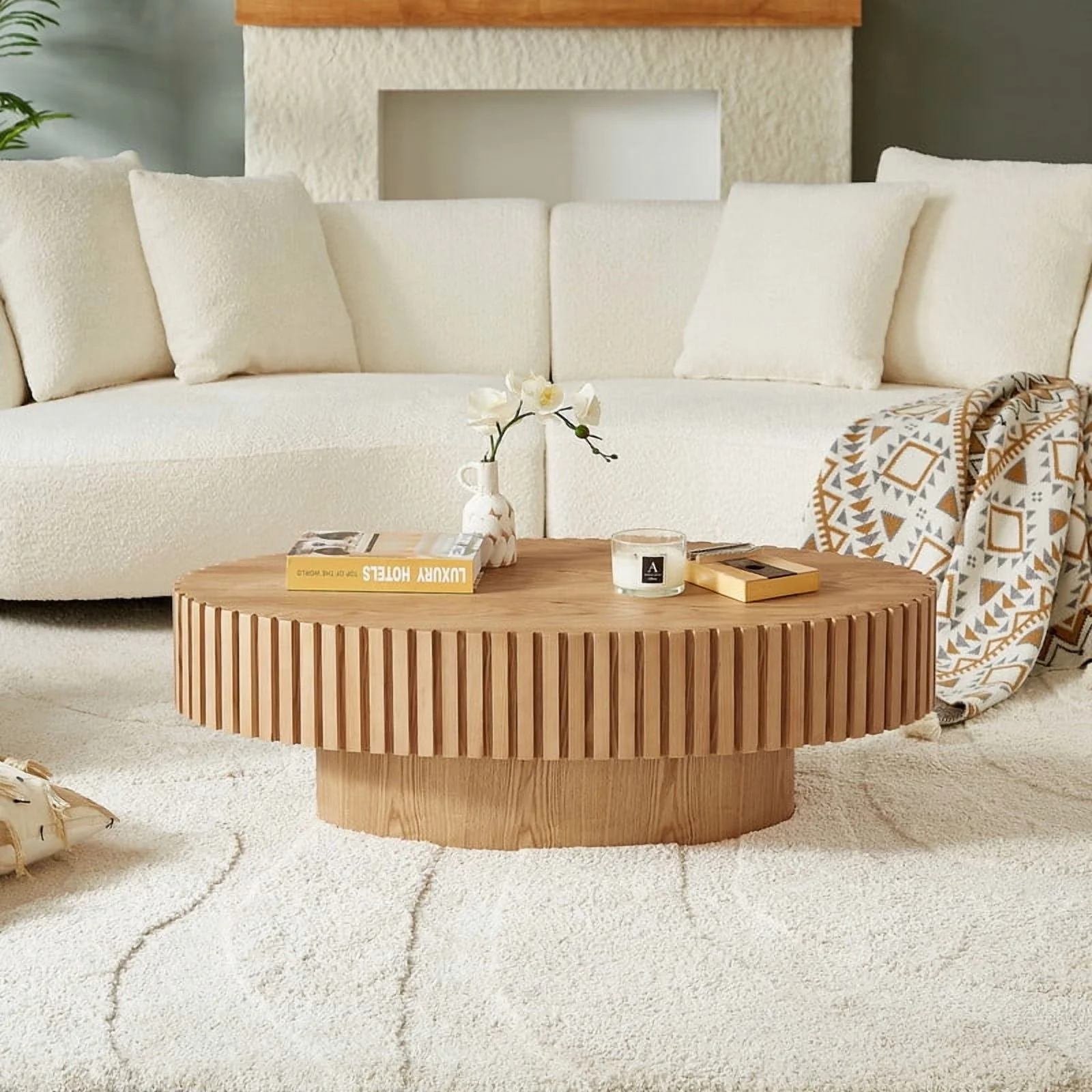 FFH 43.7 inch Oval Coffee Table for Living Room,Handcraft Rustic Corner Coffee Table Nature Wood Relief Sturdy Pedestal for Apartmen,Side Table Centre Table,Nature Wood
