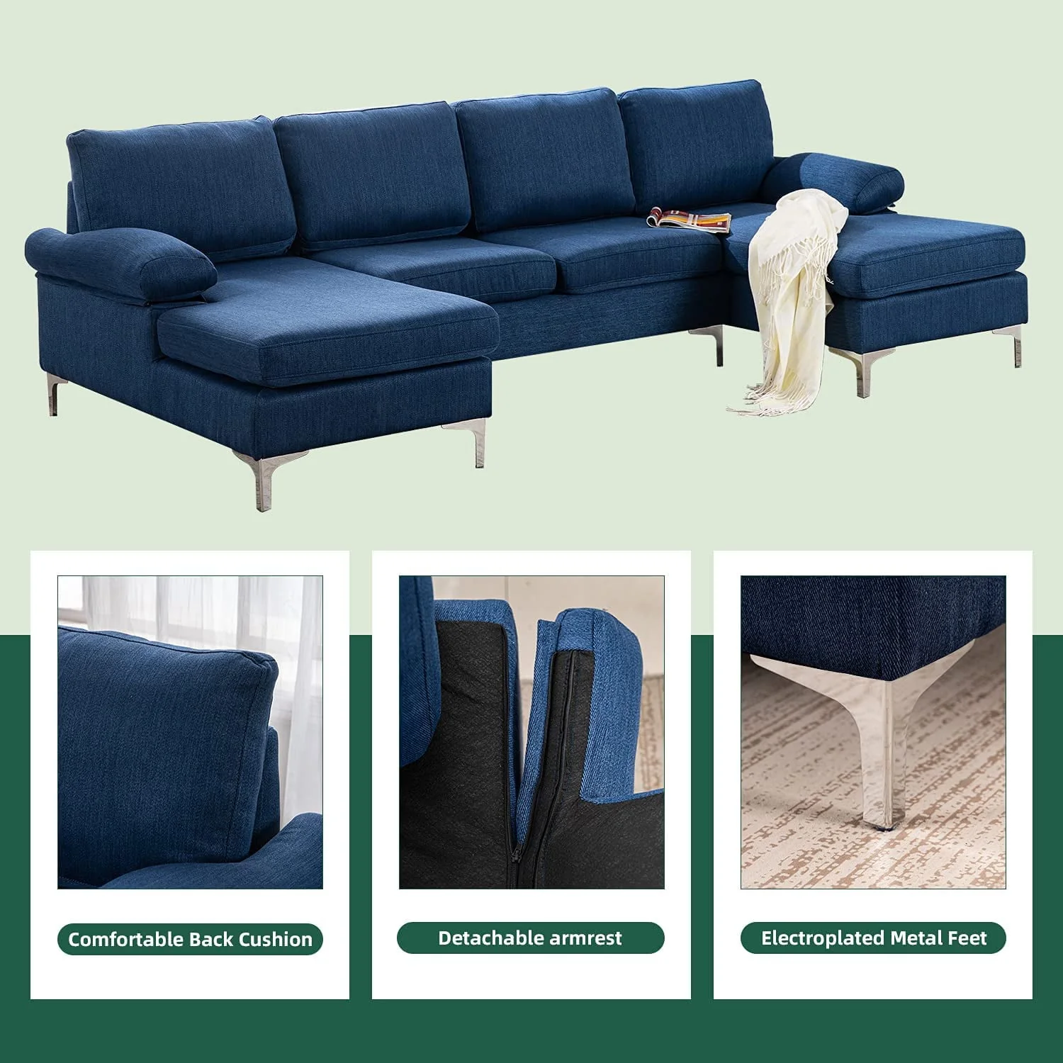 Hommow Linen U-Shape Sectional Sofa, Fabric Couch for Living Room Apartment, Blue