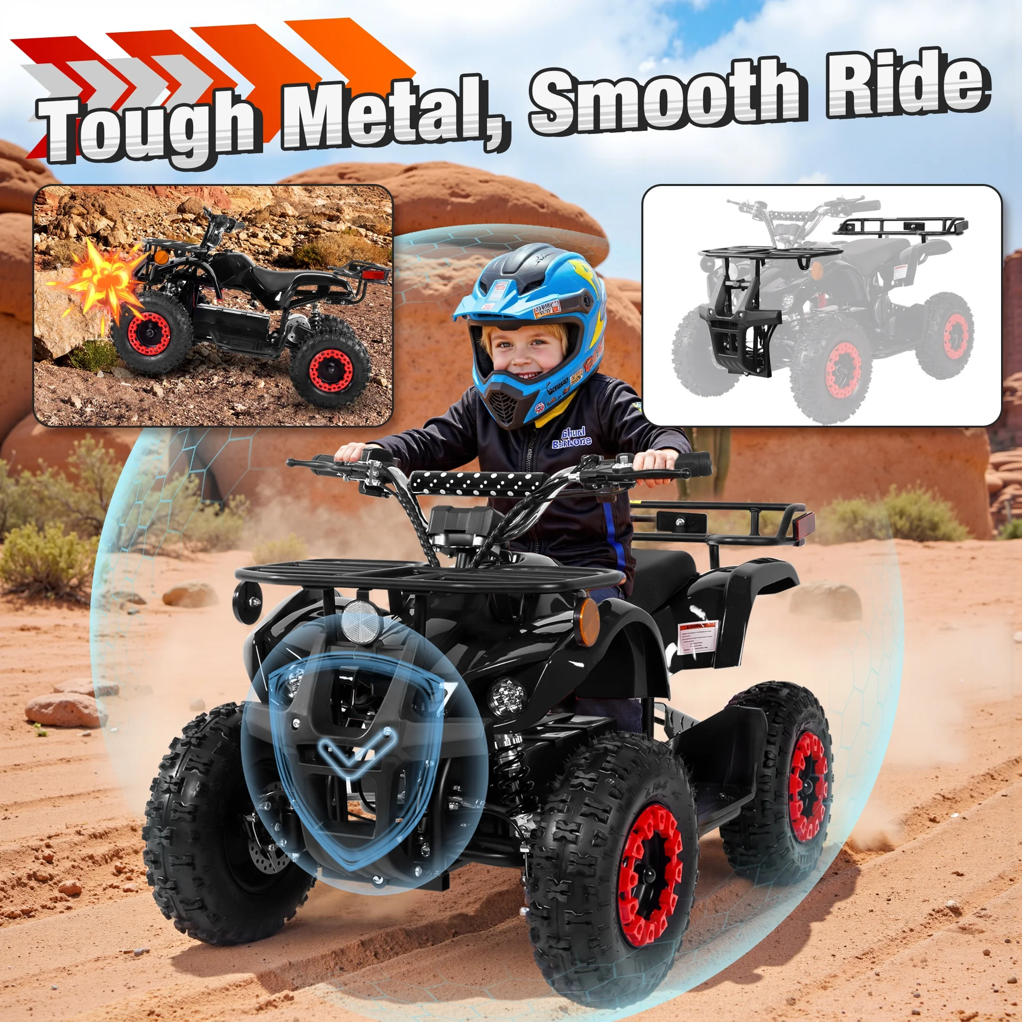 ATV for Kids, 36 Volt Ride on Toys, 500w Motor Quad Bike for Big Kids, Power Car Wheel with Metal Frame, Speed Control, Suspension, Black
