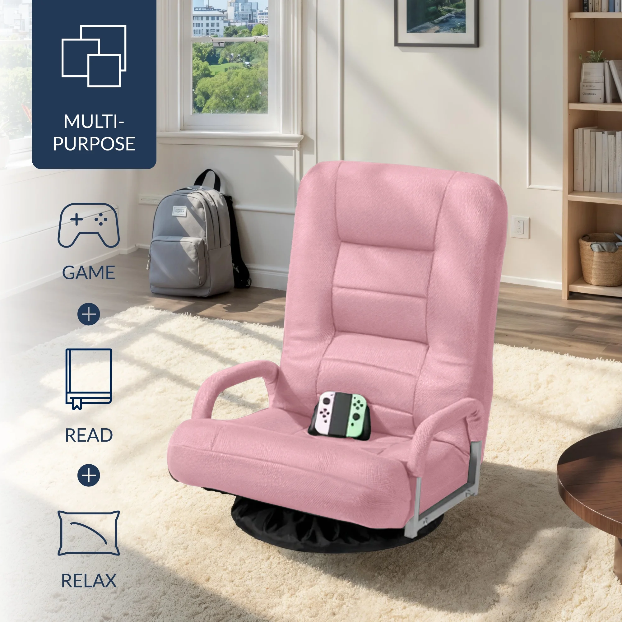 Best Choice Products 360-Degree Swivel Gaming Floor Chair w/ Armrest Handles, Foldable Adjustable Backrest - Black/Red