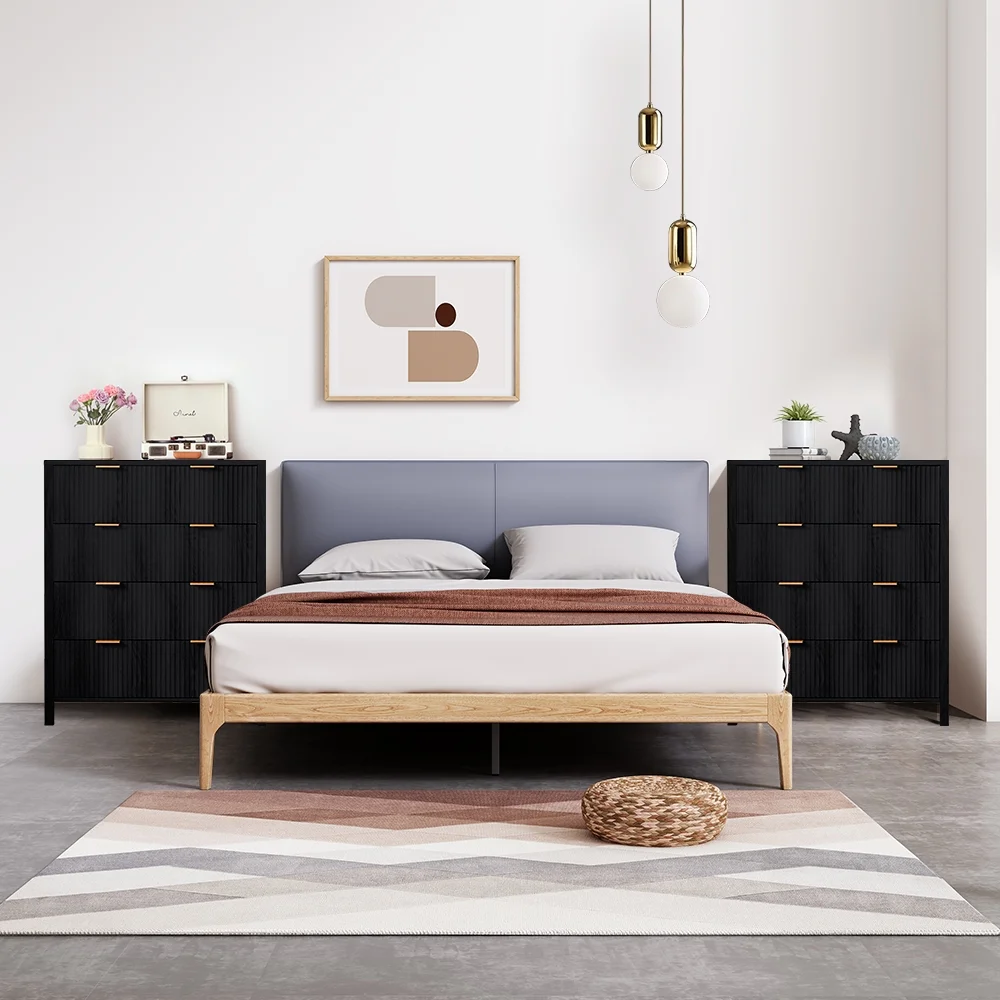 YOCWO Fluted Nightstand for Bedroom Set of 2 , Wood Bedside Table Set of 2 with Drawers, Black