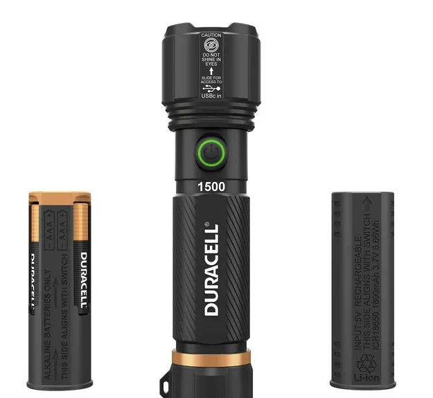 Duracell Hybrid Flashlight, 1500 Lumens, 4-count