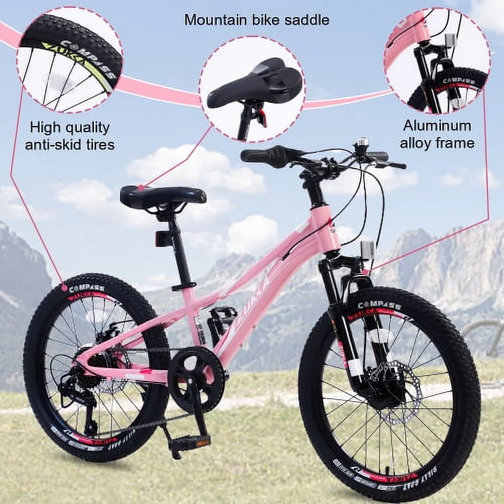 Zukka 20 inch  Girls Mountain Bike 7 Speed Aluminum Alloy Frame Bicycle for Kids Girls in Pink