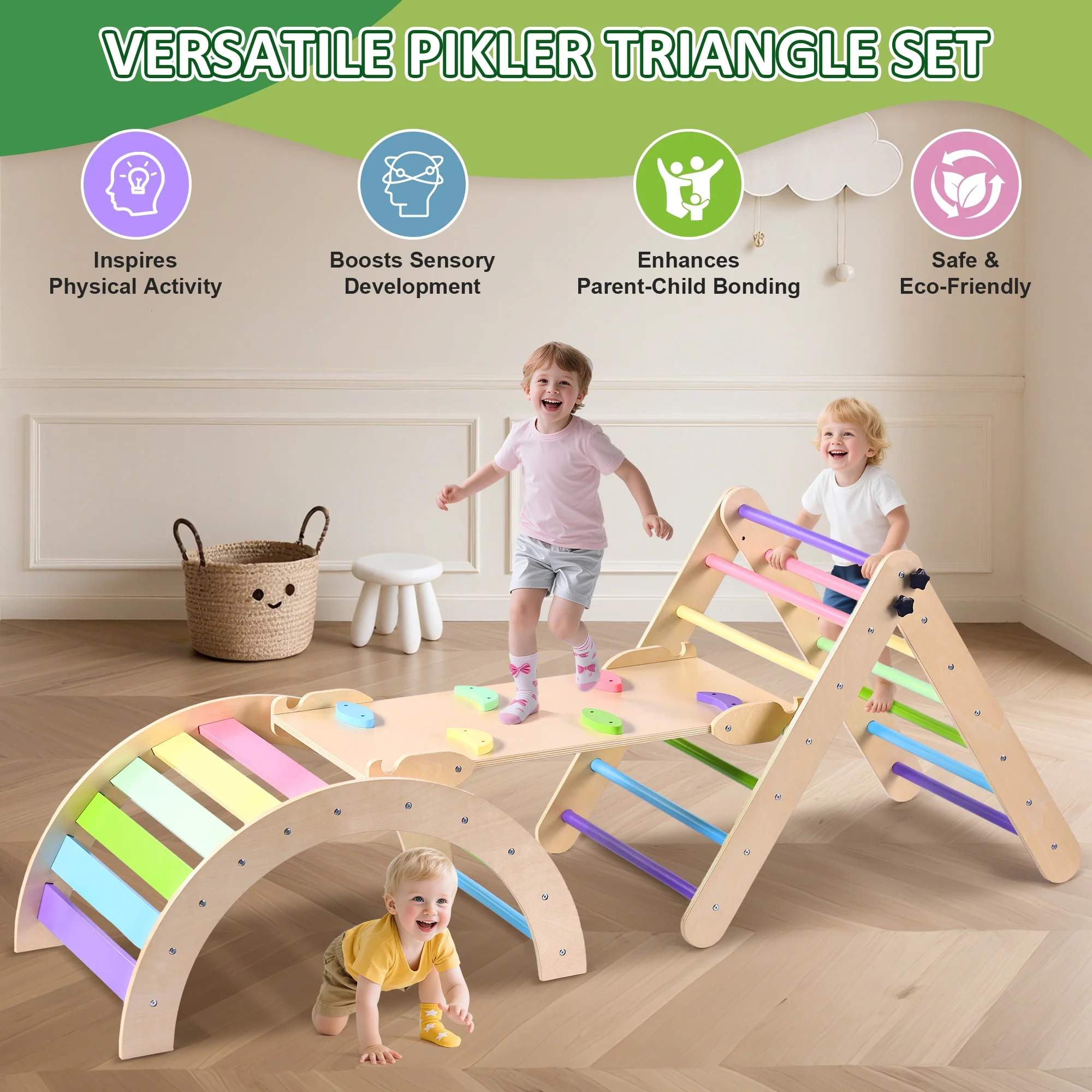 Lookfly 8 in1 Pikler Triangle Set Foldable Baby Climbing Toys for Toddlers 1-6 Inside with Ramp,Toddler Climbing Toys Indoor Baby Gift
