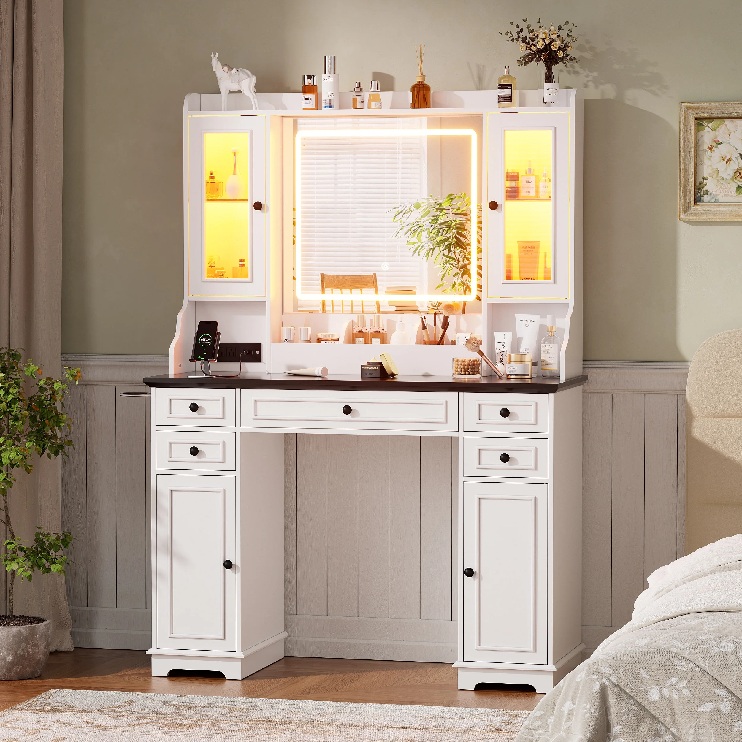 Farmhouse Makeup Vanity Desk with Mirror and Lights, Vanity Table with Glass Tabletop, Charging Station, 5 Drawers, Side Cabinet, Storage Shelves for Bedroom, White by TZUTOGETHER