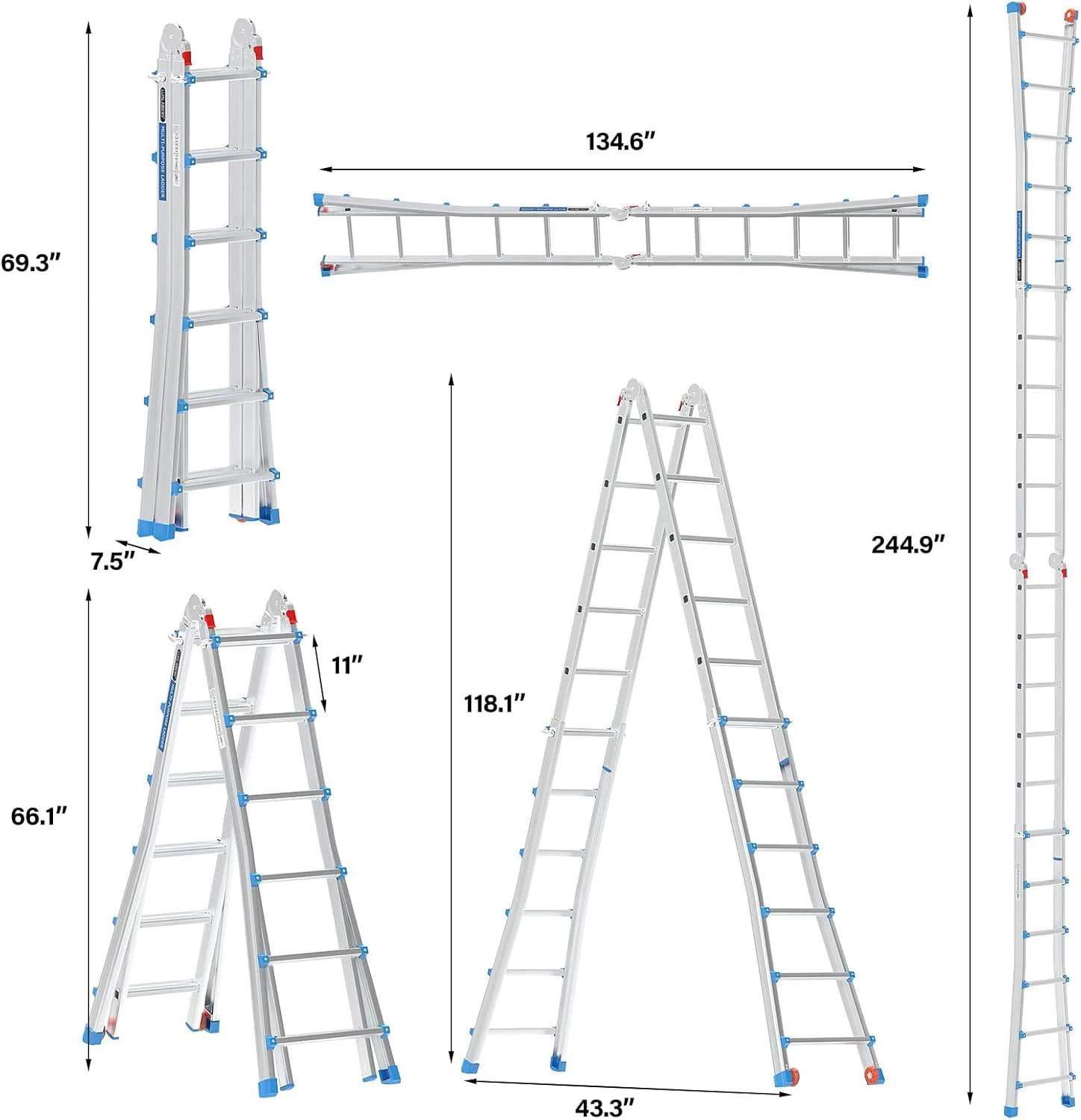 LUISLADDERS Ladder, A Frame 6 Step Ladder Telescoping Ladder, 22 Ft Reach Height Muti Position Folding Ladder Flared Leg & Wheels Design, 330 lbs Capacity Extension Ladder for Household Outdoor Work