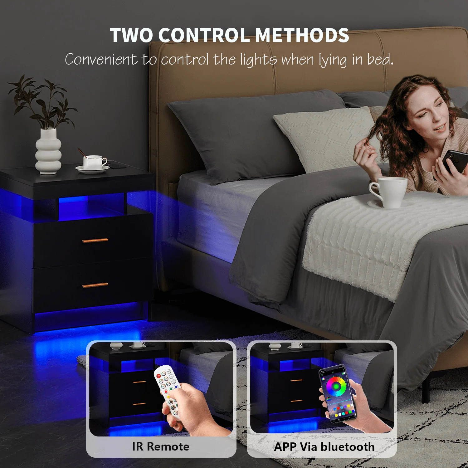 LED Nightstand, 2 Drawers Bedside Tables with Wireless Charging Station 2 Outlets and 2 USB Ports,Bedroom Nightstand with RGB 30 LED Light Mode App and Remote Control,Black