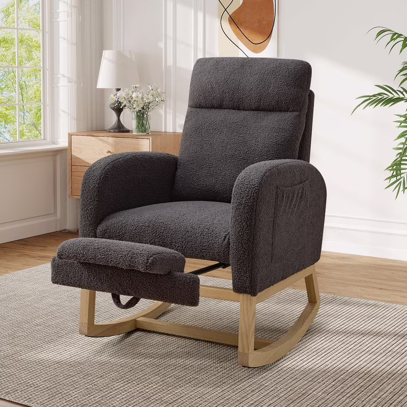 FFH Rocking Chair Nursery, Tufted Accent Rocker Chair, Upholstered Armchair with Adjustable Footrest, Side Pocket, High Backrest, Padded Seat, Polyester Blend (Retro, Dark Gray)