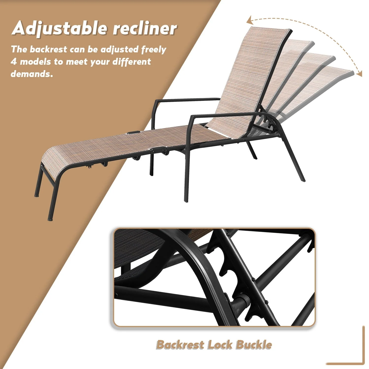 Devoko 3 Pcs Outdoor Chaise Lounge Steel Chair Sets Adjustable Backrest with Tempered Glass, Beige