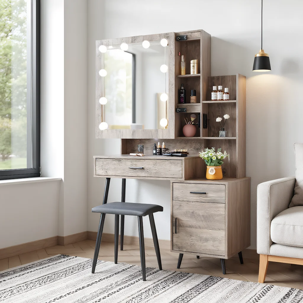 Kadyn Vanity Desk with Lighted Mirror, Vanity Table and Chair Set with 2 Drawers, Dressing Table Makeup Desk with 1 Door, Retro Gray