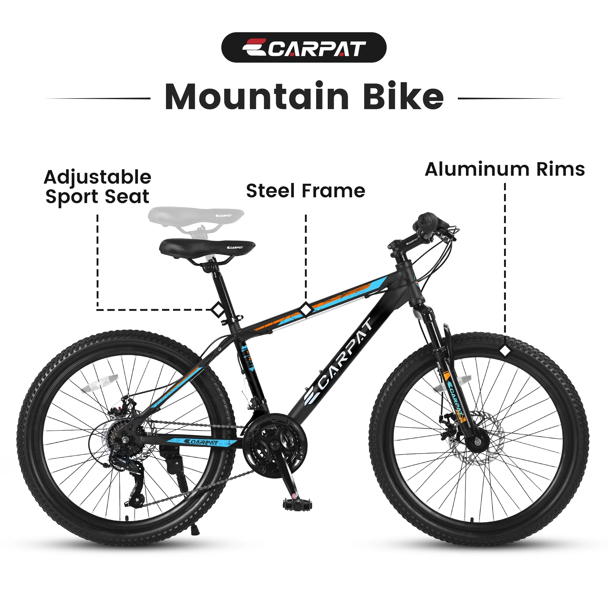Ecarpat Mountain Bike, 24-Inch Wheels Bikes Shimano 21-Speed with High Carbon Steel Frame Mechanical Disc Brakes Front Suspension Fork for Youth Adults Multiple Colors