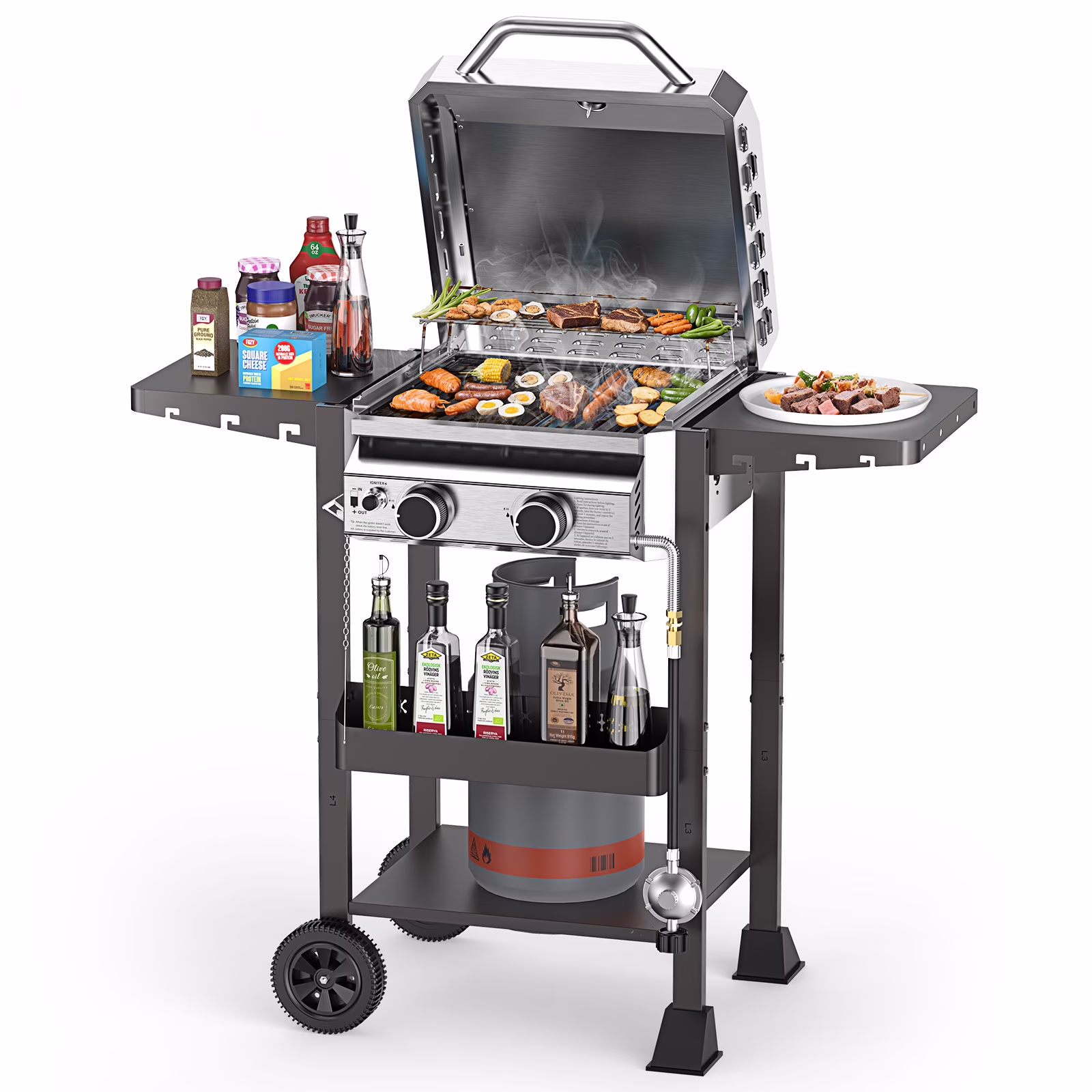 LHRIVER Stainless Steel 4 Burner Propane Gas Grill with Side Burner, Portable Outdoor Barbecue Grill, 45,000 BTU