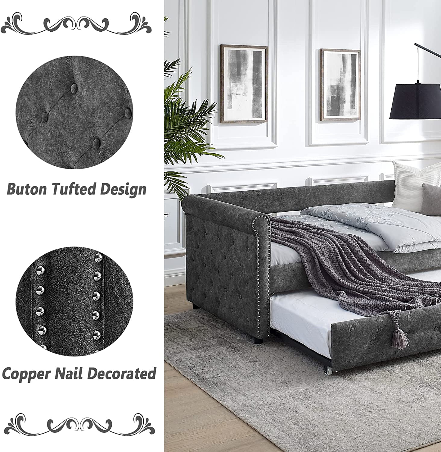 Daybed with Trundle, Muumblus Modren Kids Pull Out Sofa Bed for Bedroom & Living Room, Twin Size, Grey Linen Upholstered