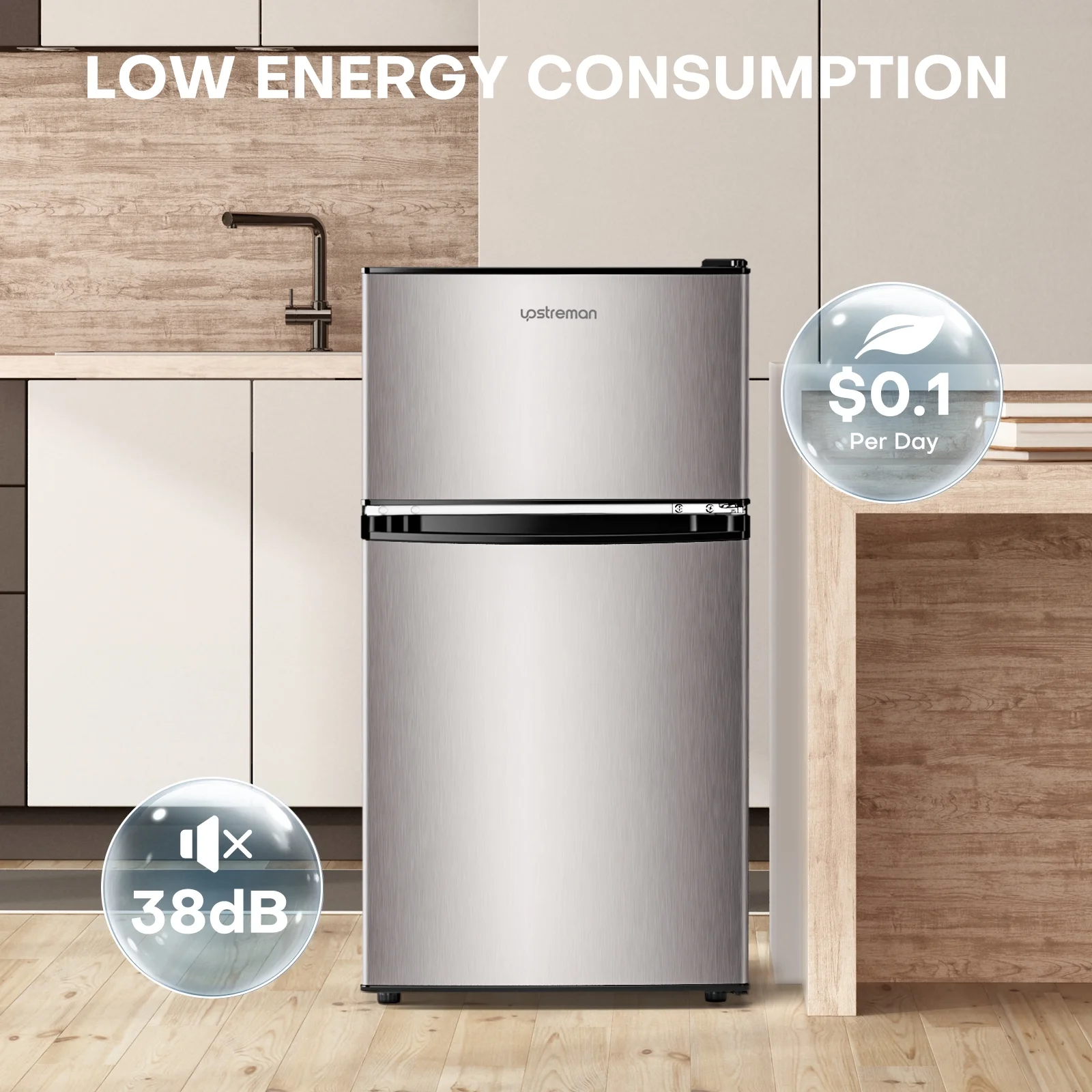 Upstreman 3.2 Cu.Ft Mini Fridge with Top Freezer, 2 Door Small Compact Refrigerator, Energy Saving, Adjustable Thermostat, Adjustable Legs, for Apartment Office Dorm Bedroom Garage RV, BD321 Black