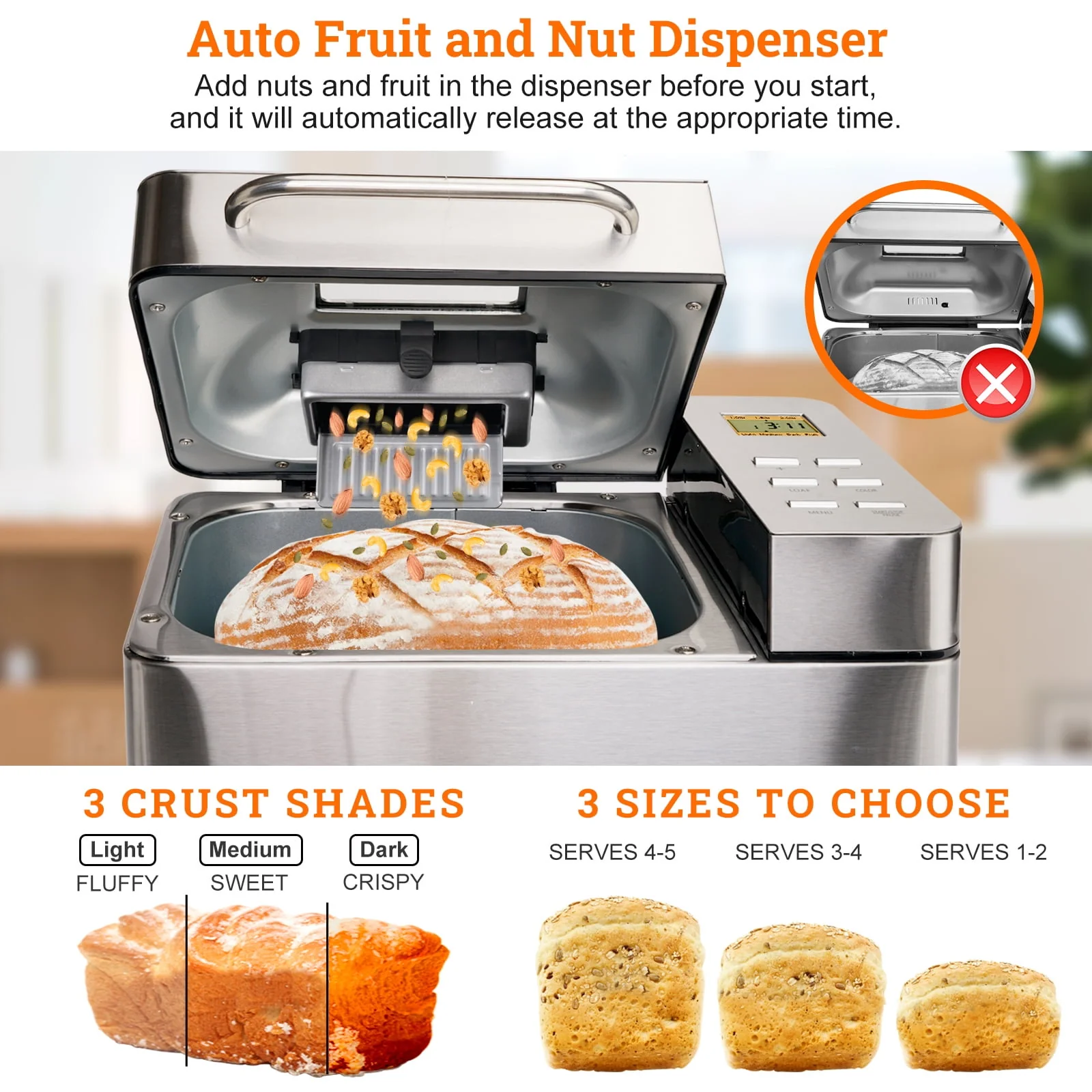 KBS 17-in-1 2LB Bread Maker Machine Fully Automatic LCD Display，Stainless Steel Model# 013