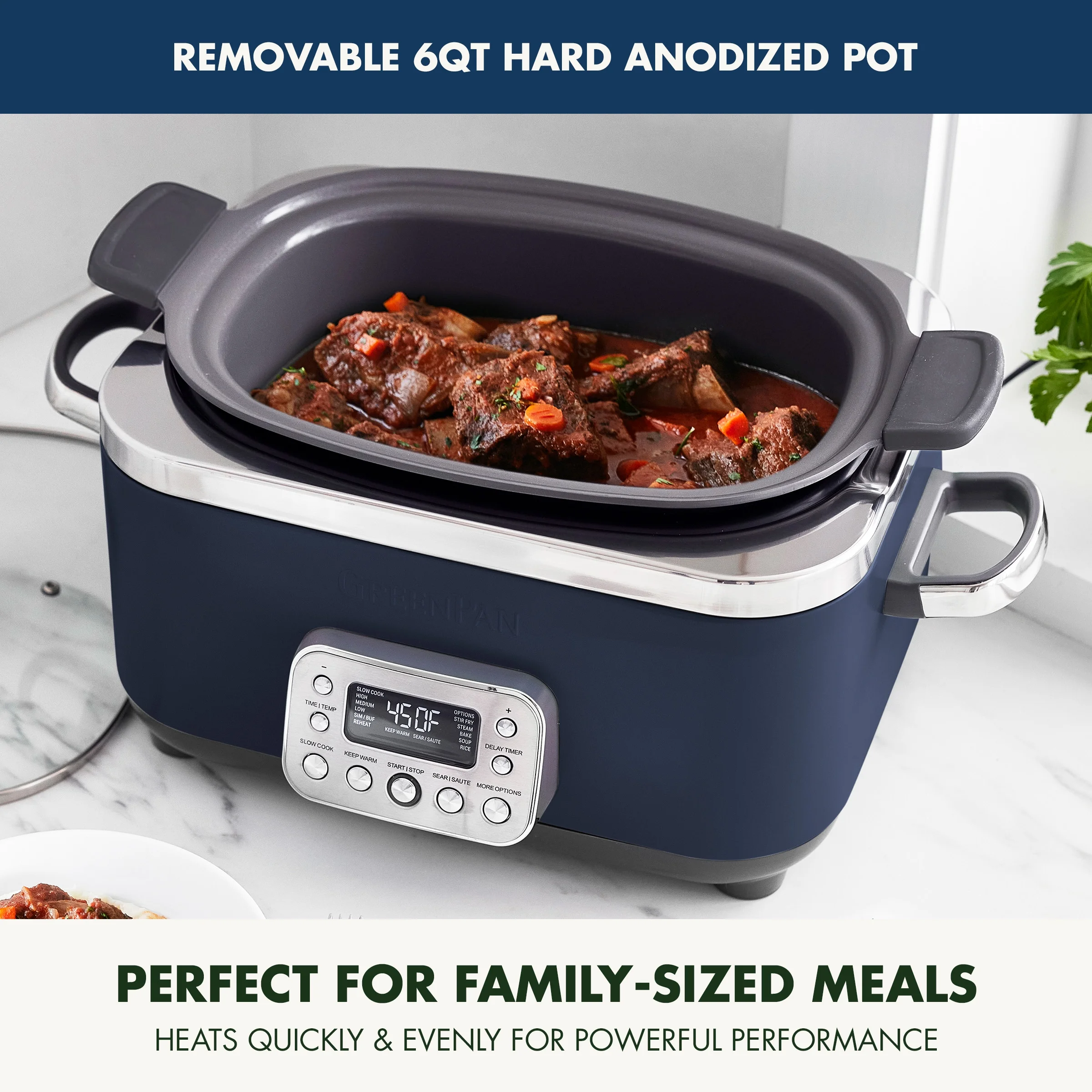 GreenPan 6-Quart, 14-in-1 Slow Cooker, Family Size, Ceramic Nonstick, Dishwasher Safe Parts, Black