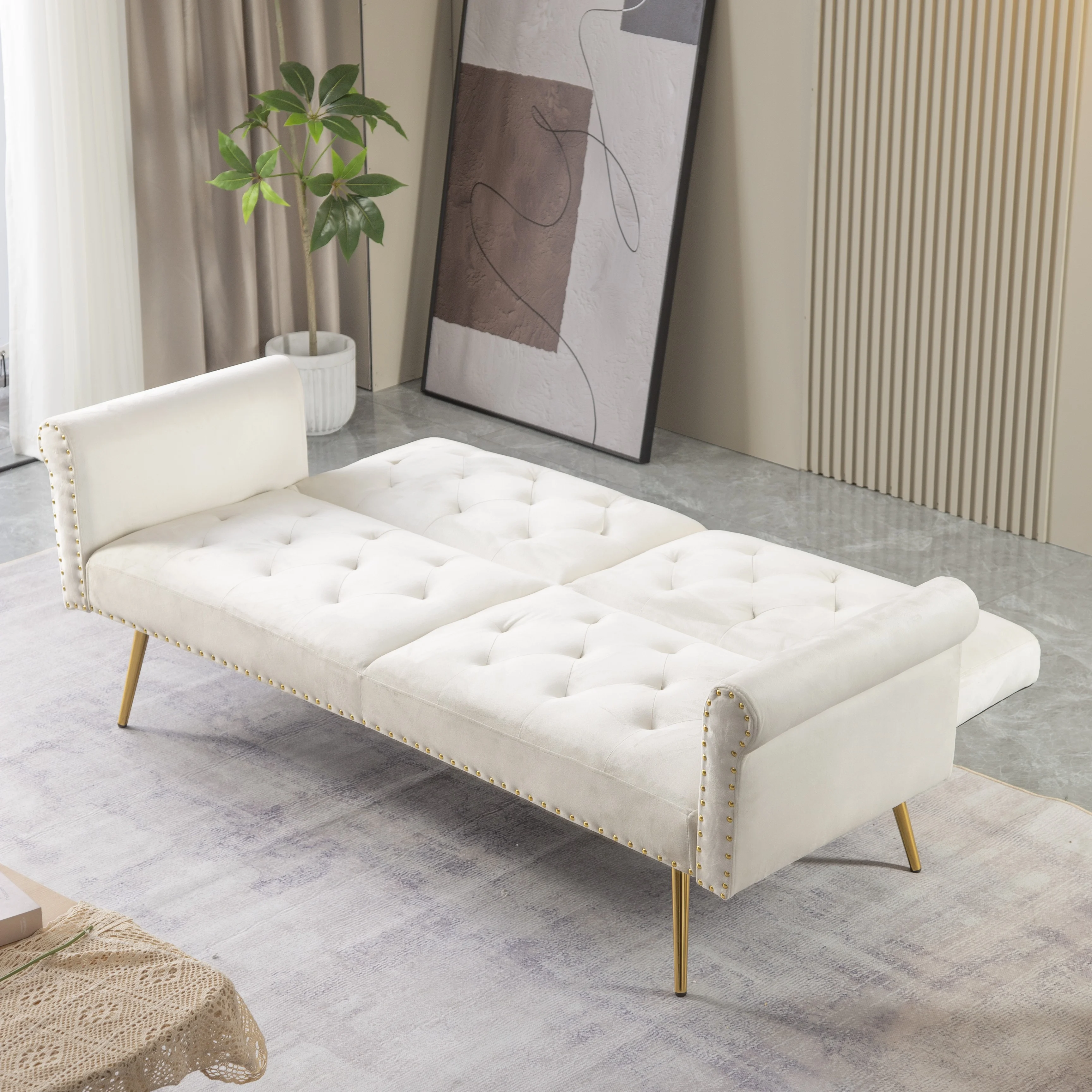 Convertible Futon Sofa Bed,Velvet Upholstered Nailhead Loveseat Sofa with Two Pillows,Modern Sleeper Couch Bed for Living Room,Bedroom,Green