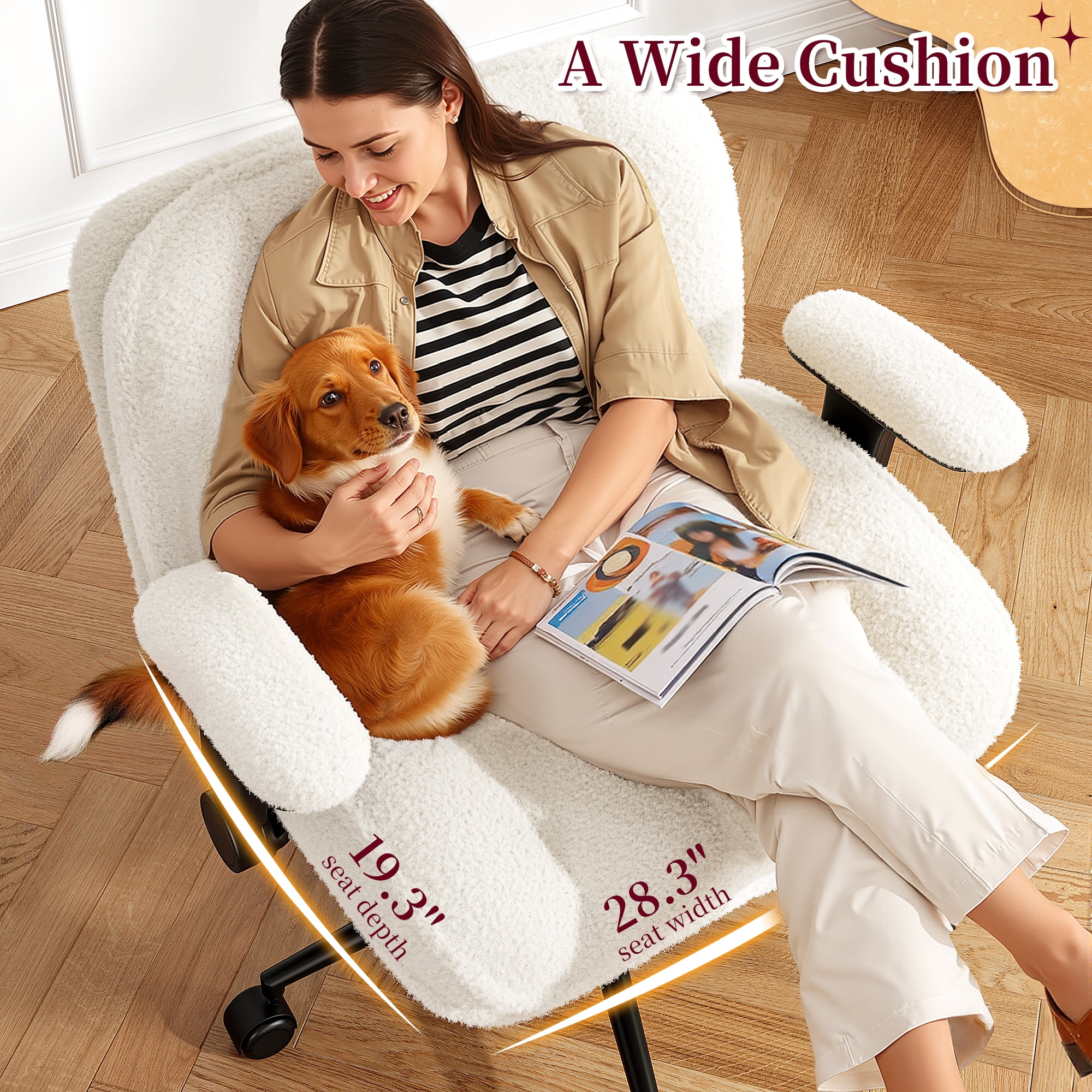 Romorgniz Criss Cross Chair with Adjustable Arms & Lumbar Support Office Chair with Reclining Back, Thick Cushion & Wheels for Office, Gaming, Reading, Vanity, Off-White