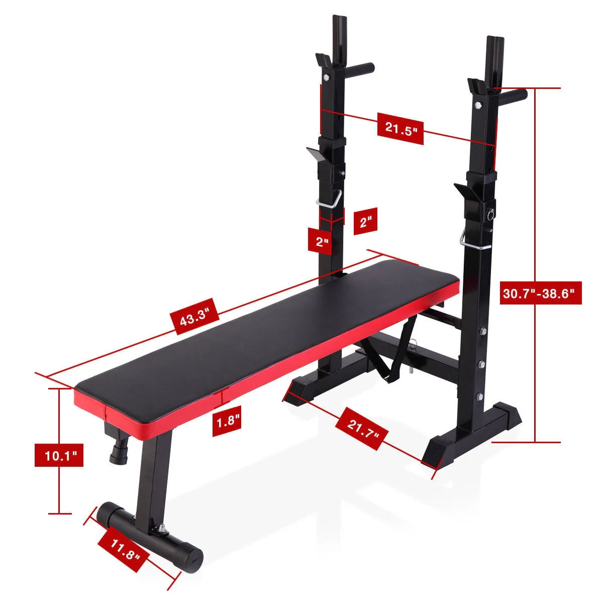 Adjustable Folding Multifunctional Workout Station Adjustable Workout Bench with Squat Rack - black red