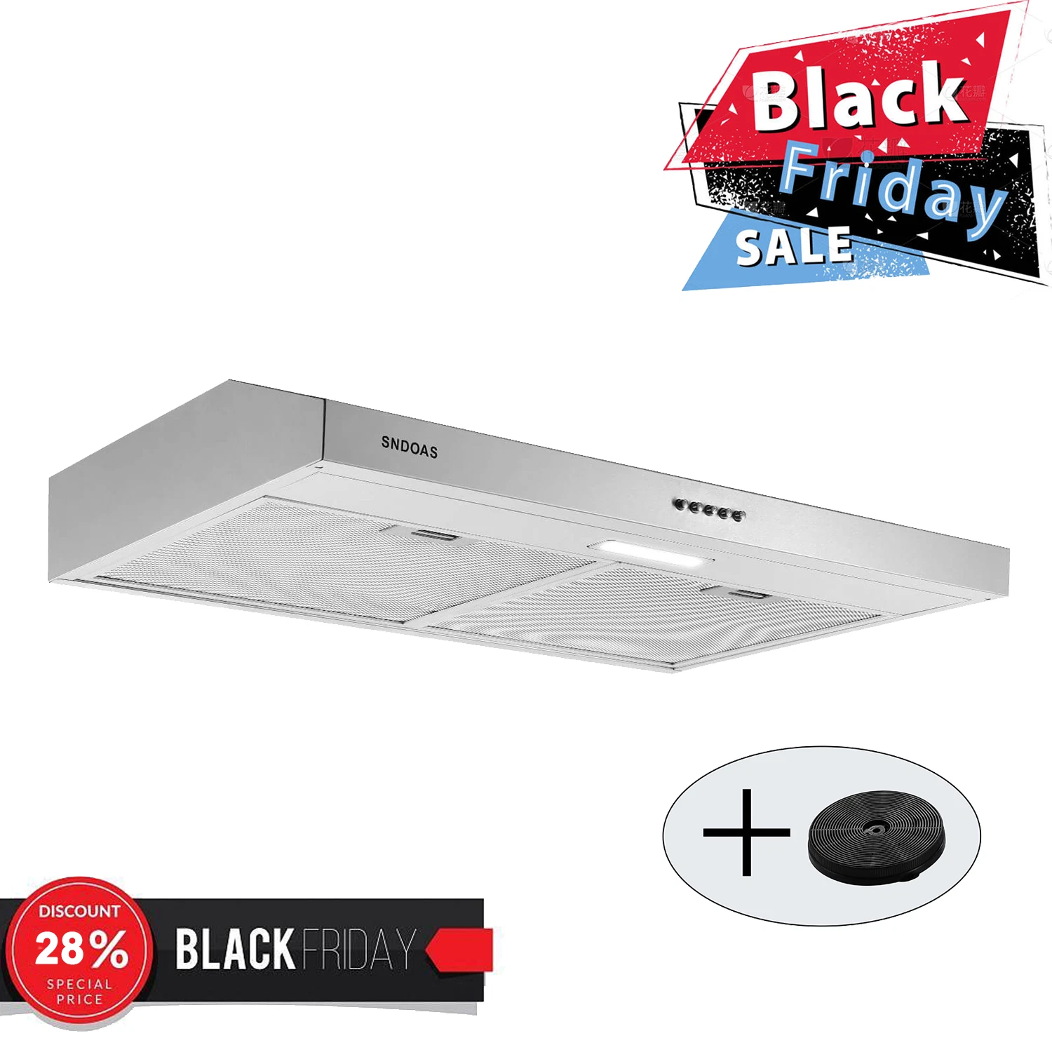 30 inch Under Cabinet Range Hood Stainless Steel Kitchen 230CFM Vent LED Light with Carbon Filter