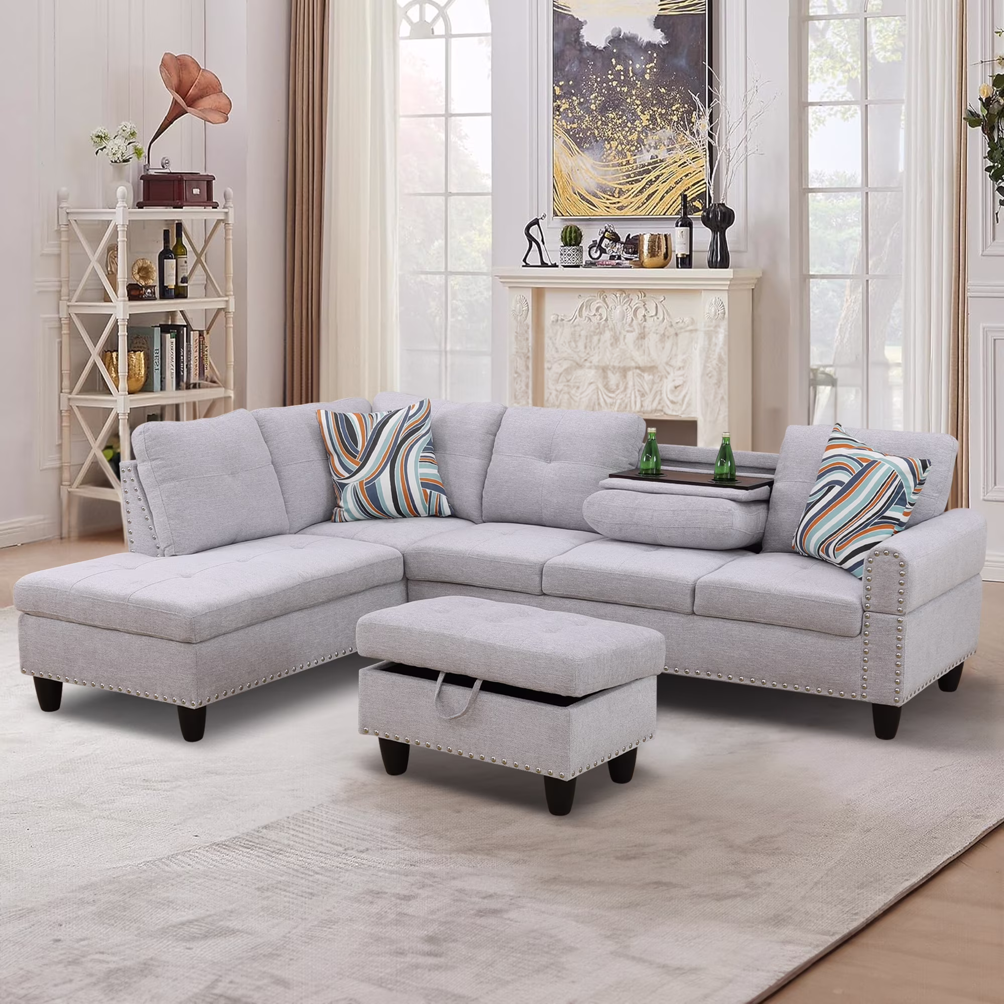 Aukfa 3 Piece Sectional Sofa, Living Room Couch with Storage Ottoman&Cup Holder, Linen, Left Hand, Black Gray