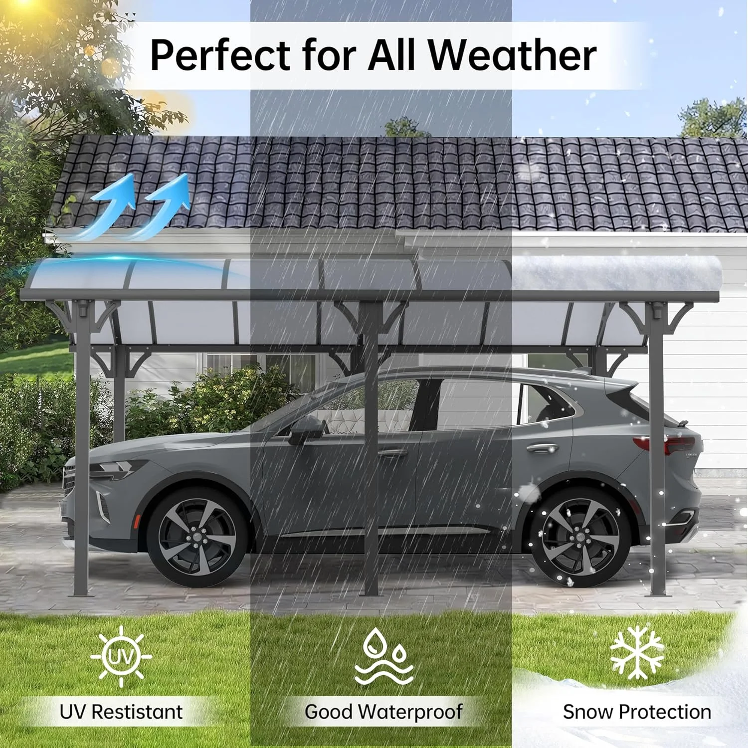 JINSEED 10 x 16ft Metal Carport with Heavy Duty Metal Frame & Pitched-Roof Polycarbonate Panel Canopy, Multi-Purpose Shelter for Car, Truck, SUV, Tractor, and Boat,Gray