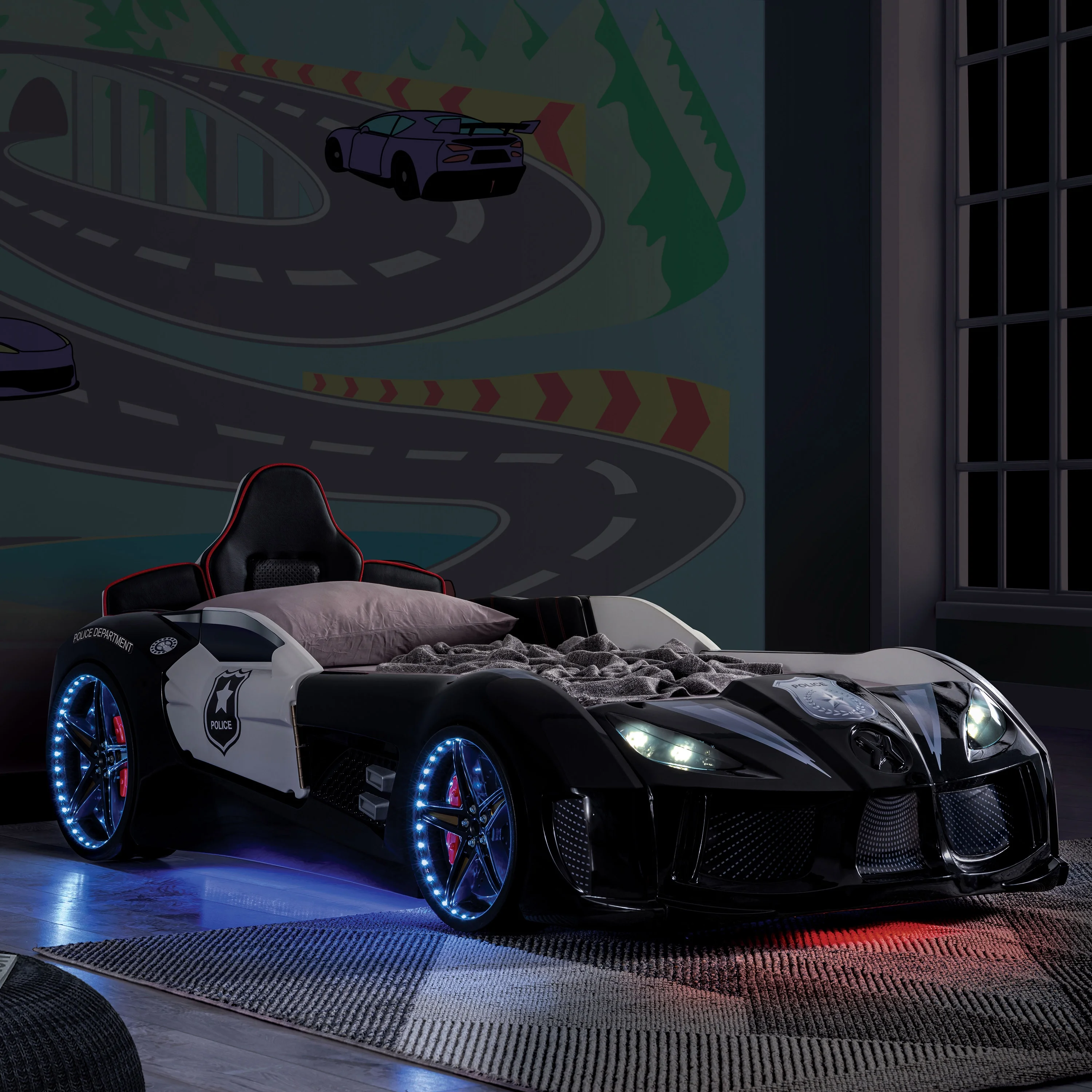 Furniture of America Dash Kids Plastic Twin Race Car Bed with LED and Sound, White