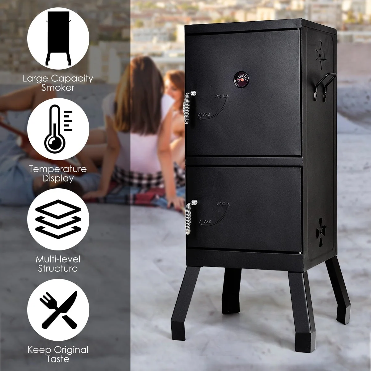 Black Vertical Charcoal Smoker BBQ Barbecue Grill w/ Temperature Gauge Outdoor