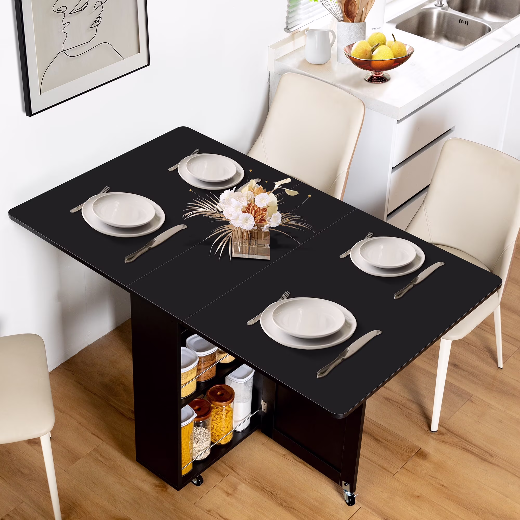 spanspace Folding Dining Table, Drop Leaf Dining Table with 6 Wheels and 2-Layer Storage Shelf, Space Saving Dining Table for Small Spaces,Folding Kitchen Table,White