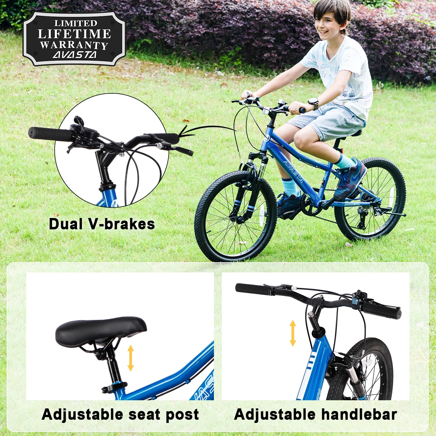 AVASTA 20'' Big Kids Mountain Bike for Age 6 7 8 9 10 11 12 Years Old Boys Girls Teen with Suspension Fork Front & Rear Dual Hand Brakes 6 Speeds Drivetrain, Cyan