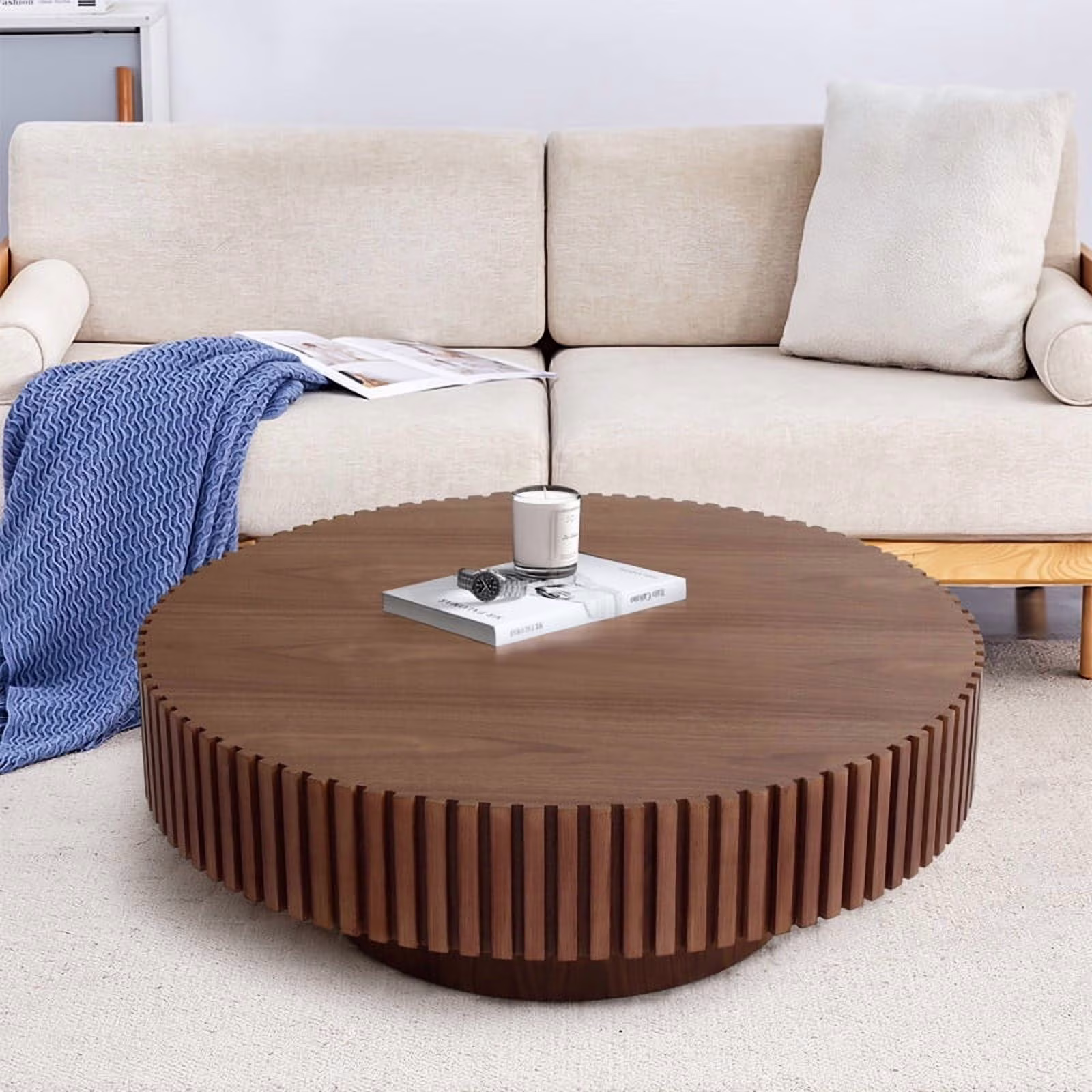 FFH 43.7 inch Oval Coffee Table for Living Room,Handcraft Rustic Corner Coffee Table Nature Wood Relief Sturdy Pedestal for Apartmen,Side Table Centre Table,Nature Wood