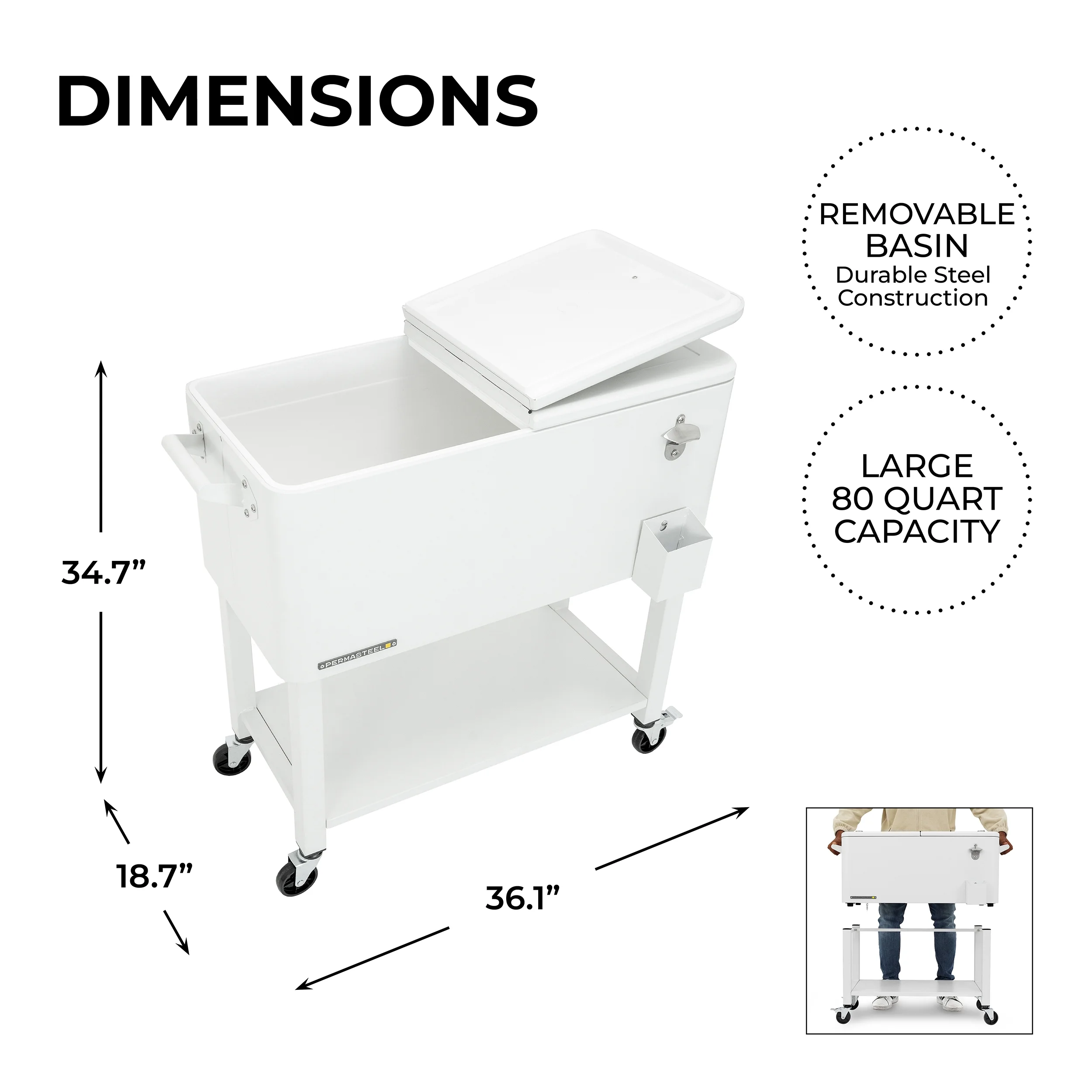 Permasteel 80-Qt Outdoor Steel Patio Cooler with Removable Basin, Rolling Cooler with Wheels, Teal Green