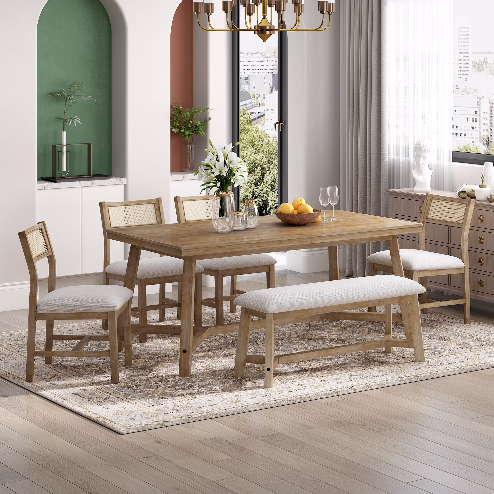 EUROCO 6-Piece Dining Table Set for 6, Retro Dining Set with 4 Upholstered Chairs and 1 Bench,Beautiful Wood Grain Pattern Tabletop for Dining Room and Kitchen,Natural
