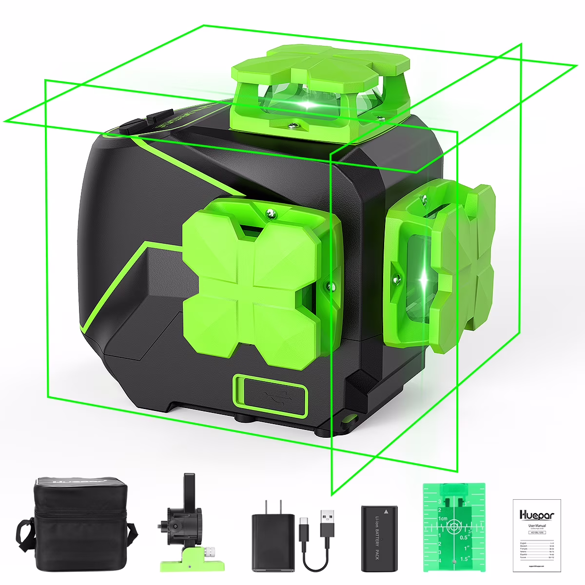 Huepar 3 x 360 Degree Cross Line Laser Level 3D Self-leveling Tiling Floor Green Beam Laser Leveler Tools with Li-ion Battery & Pivoting Base S03DG-L