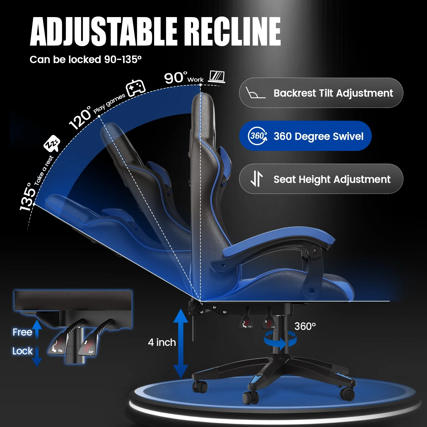 Bigzzia Gaming Chair Office Chair, Ergonomic Game Chair with Height Adjustable Headrest and Lumbar Support for Adults Teens, Black & White