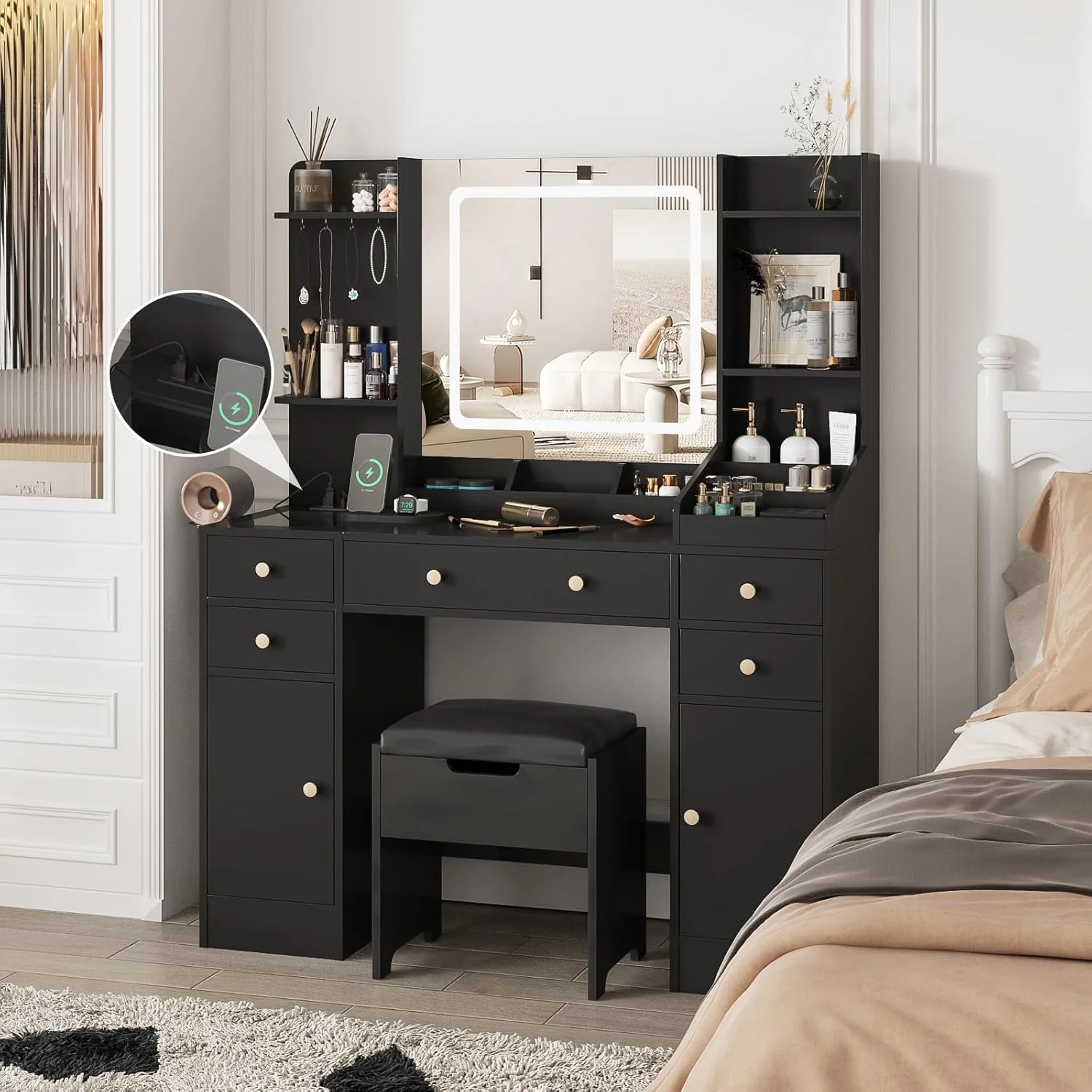 Vanity Set with Mirror and Lights, Makeup Table with Charging Station,5 Drawers & Storage Shelves, White