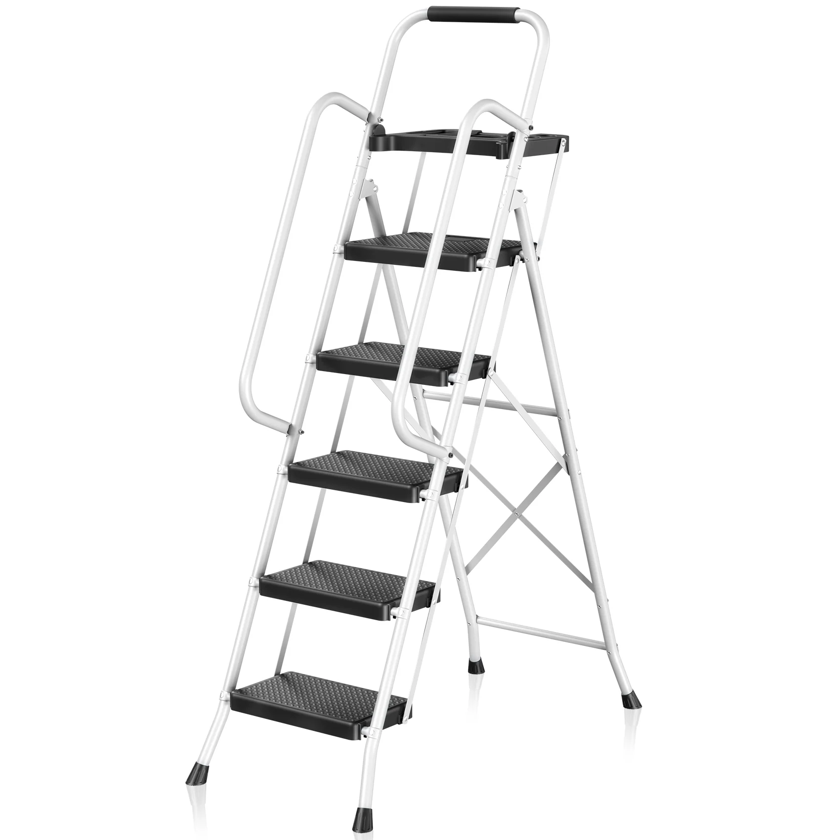 JOZ 5-Step Ladder, 350lbs Portable Folding Ladders for Home, with Handrails and Tool Tray and Anti-Slip Pedal, Black
