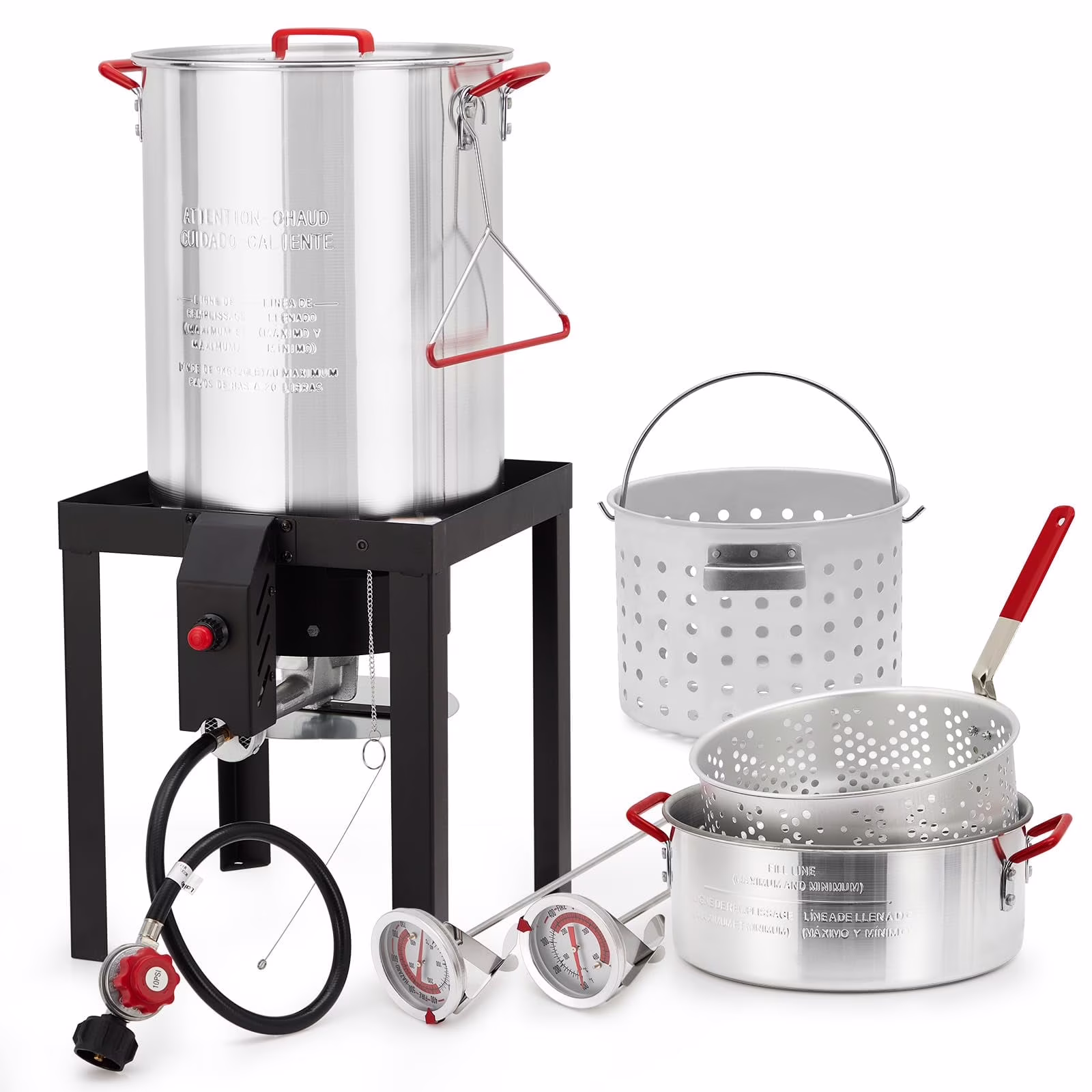 2024 New 30 Qt Turkey & 10 Qt Fish Fryer Boiler Steamer Set, Aluminum Turkey Deep Fryer Pot, 38, 000 BTU Outdoor Propane Stove Stand for 20 Lbs Turkey, Thermometer, Turkey Rack & Lifting Hook