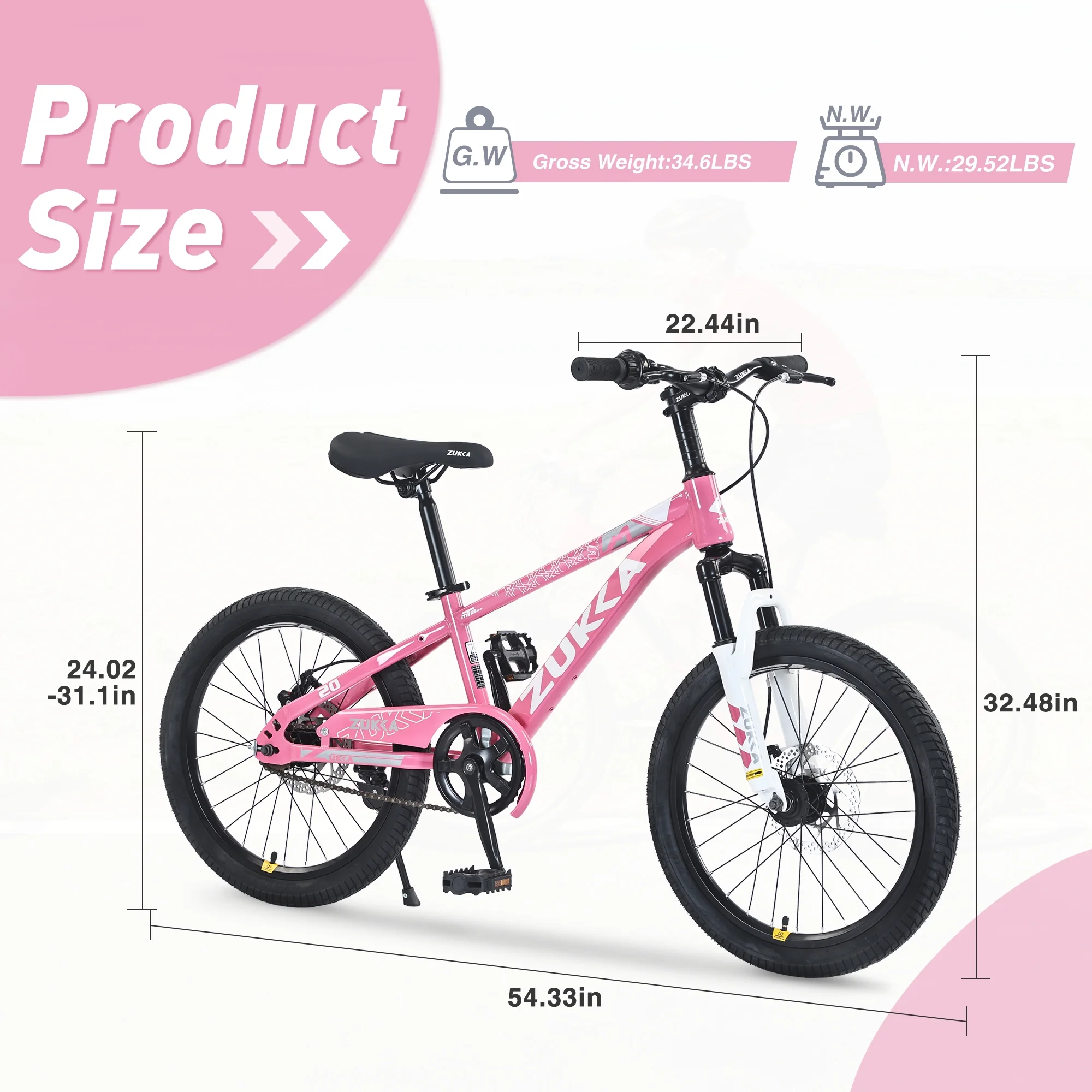 20-Inch Mountain Bike with Suspension Fork, Adjustable Saddle & Disc Brakes,Pink