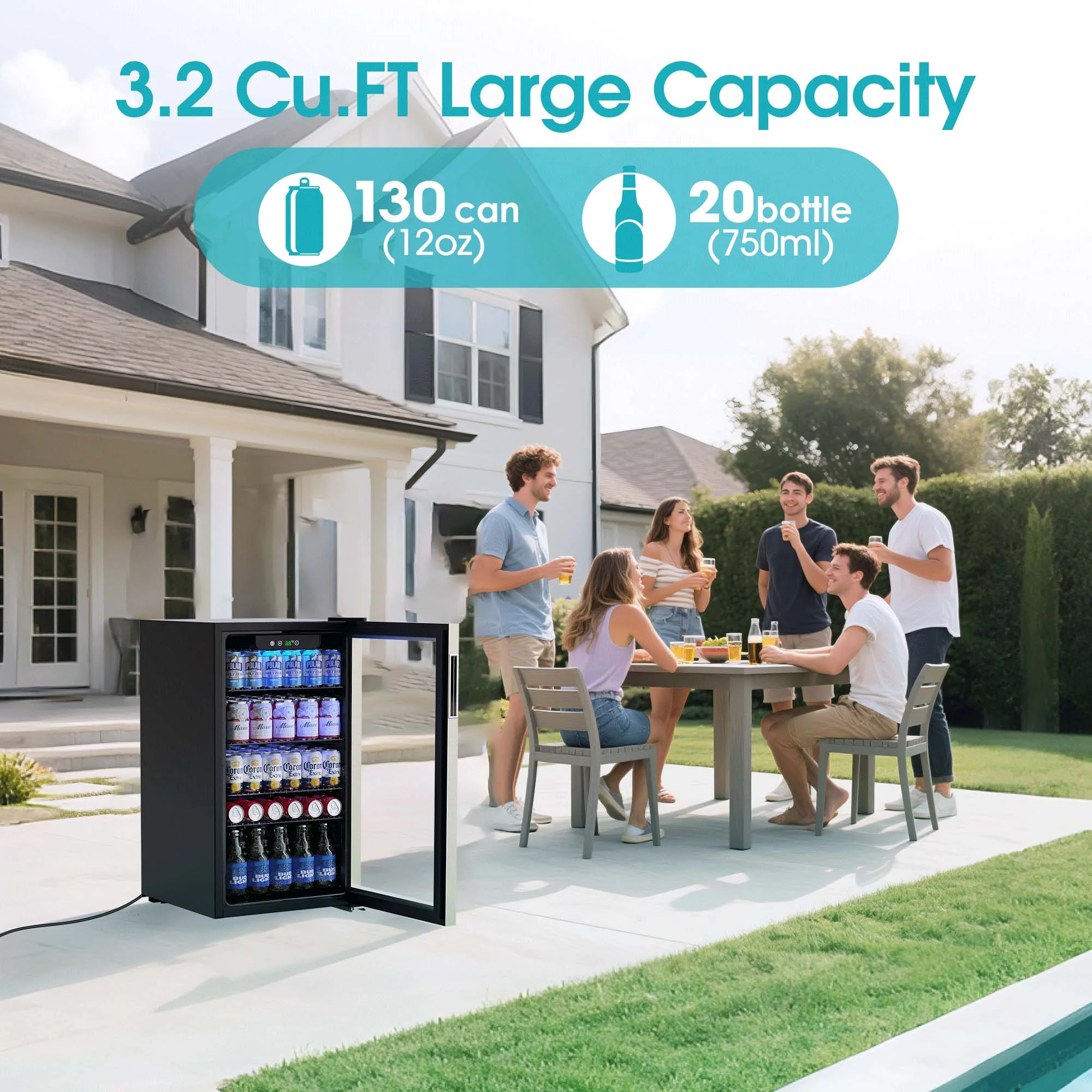 Qunler 130 Can Beverage Cooler Refrigerator with Glass Door for Beer Soda Water, Drink Fridge for Home Bar, Silver