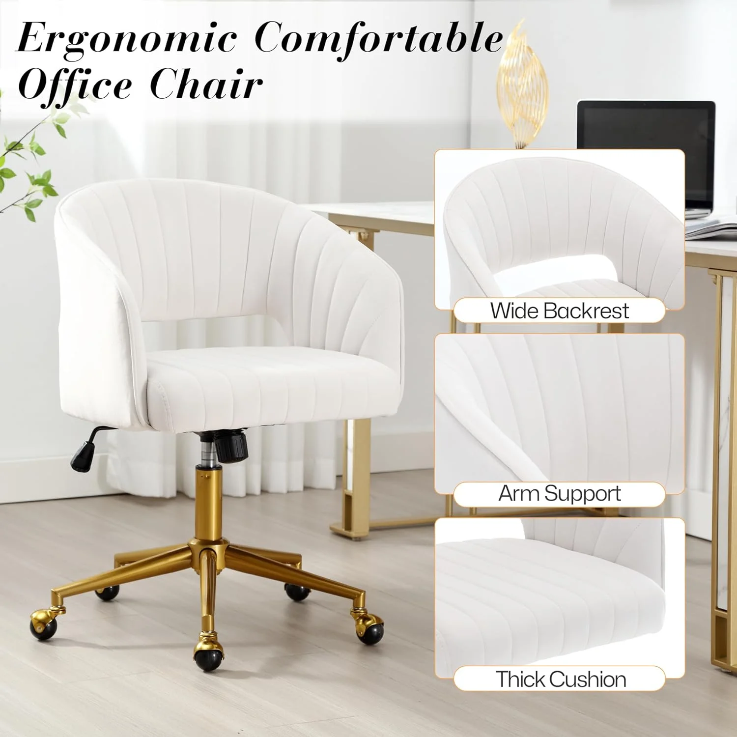 Home Office Swivel Desk Chair, Modern Velvet Vanity Chair, Height Adjustable Armchair with Gold Base, Ergonomic Office Chair for Task Study Computer Room, Beige