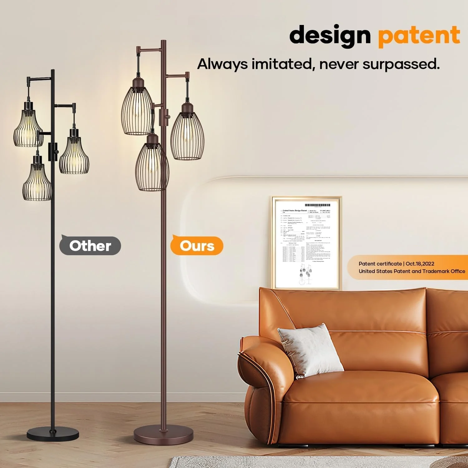 Dimmable Floor Lamp, 3 x 800LM LED Edison Bulbs Included, Farmhouse Industrial Floor Lamp Standing Tree Lamp with Elegant Teardrop Cage Tall Lamps for Living Room Bedroom Office Dining Room