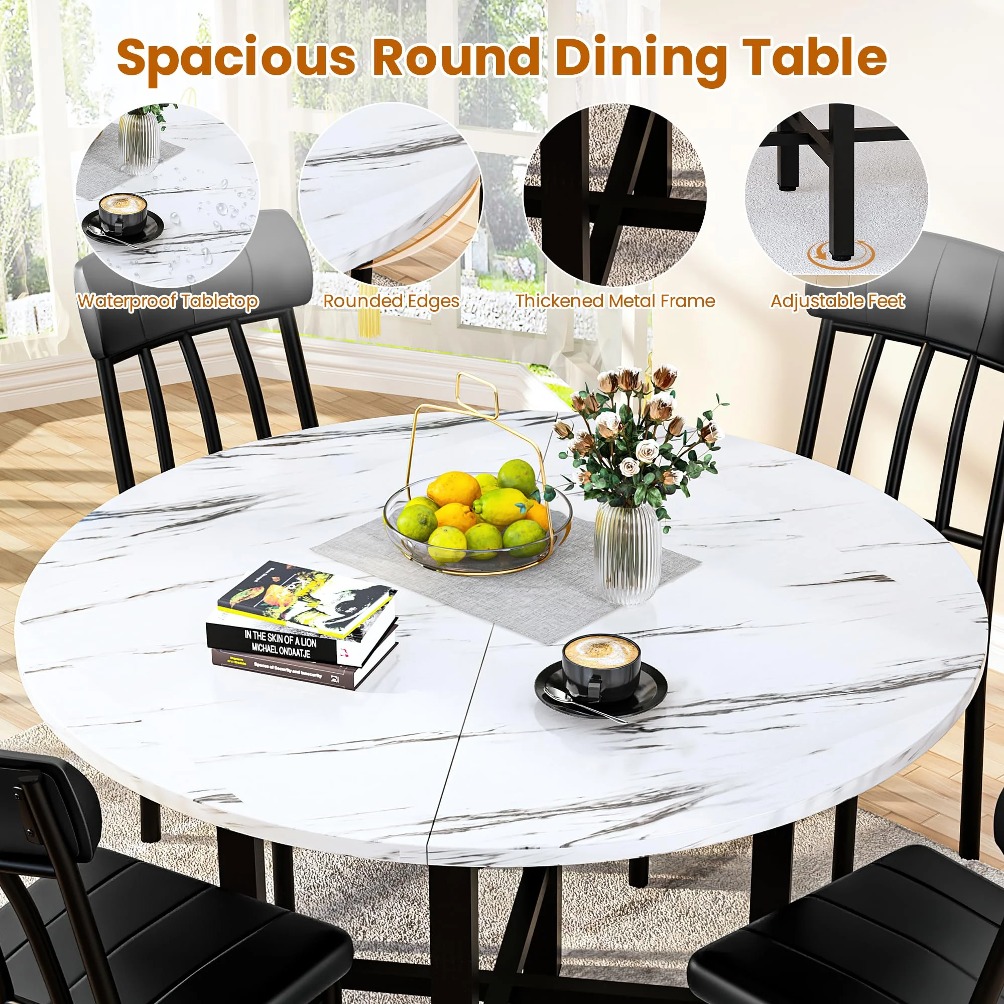 Furlinkhm Round Dining Table Set for 4, Wood Round Kitchen Table and Chairs Set for 4, Modern Dining Room Table Set with 4 Faux Leather Chairs, Round Dinner Table for Small Space, Walnut