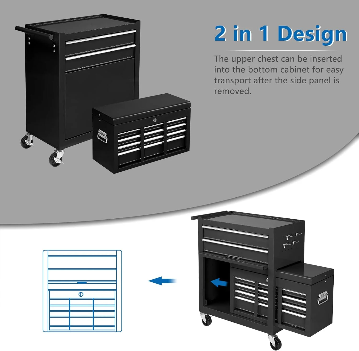 Ktaxon 2 in 1 Rolling Tool Chest Storage Cabinet, Mechanic Tool Organizer Box, w/8 Drawers