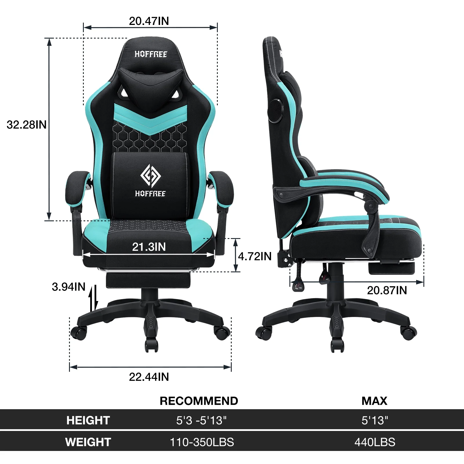 Hoffree Gaming Chair with Speakers Fabric Gamer Chair with footrest and massage Big and Tall Video Game Chair with Headrest and Lumbar Support for Adults
