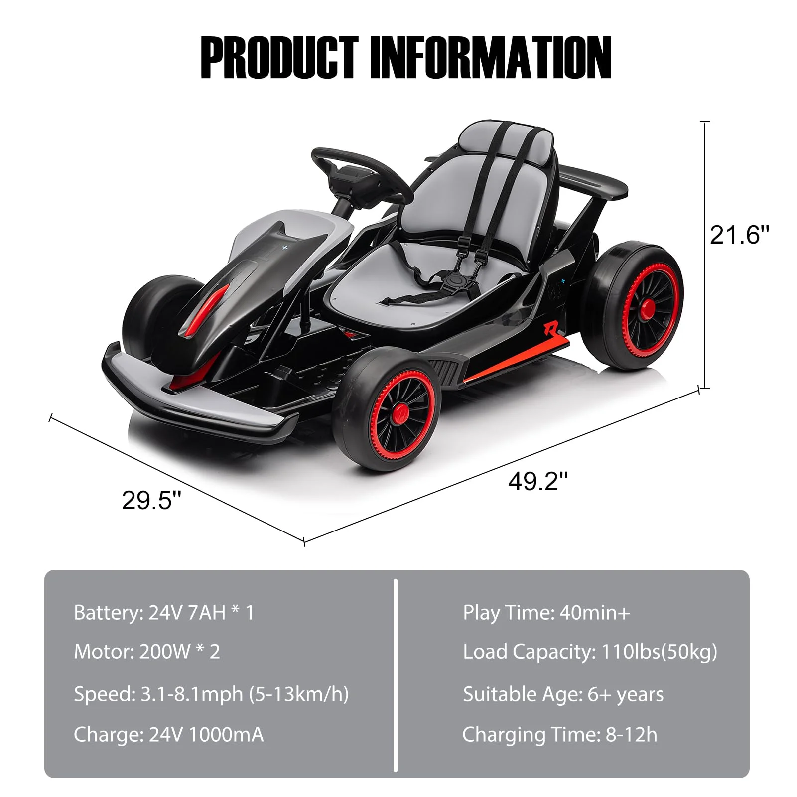 24V  Drift Kart with 2X150W Strong Motor, 7AH Big Battery, Electric Pedals, Electric Go Kart Outdoor Race Toy
